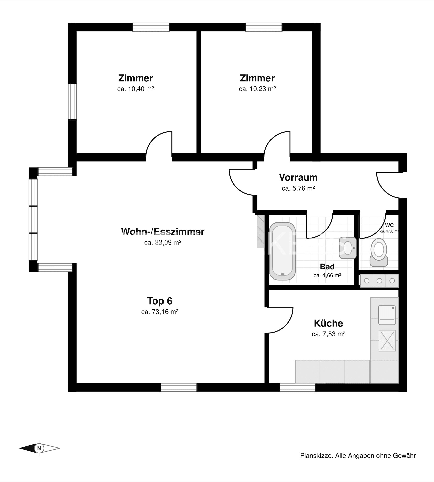 Grundriss der Wohnung mit Wohn-Esszimmer, zwei Zimmern, Küche, Bad und separatem WC.