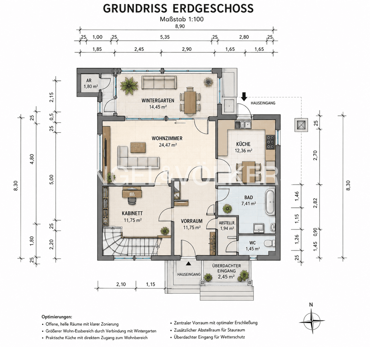 Grundriss des Erdgeschosses mit Wohnzimmer, Küche, Wintergarten und Bad.