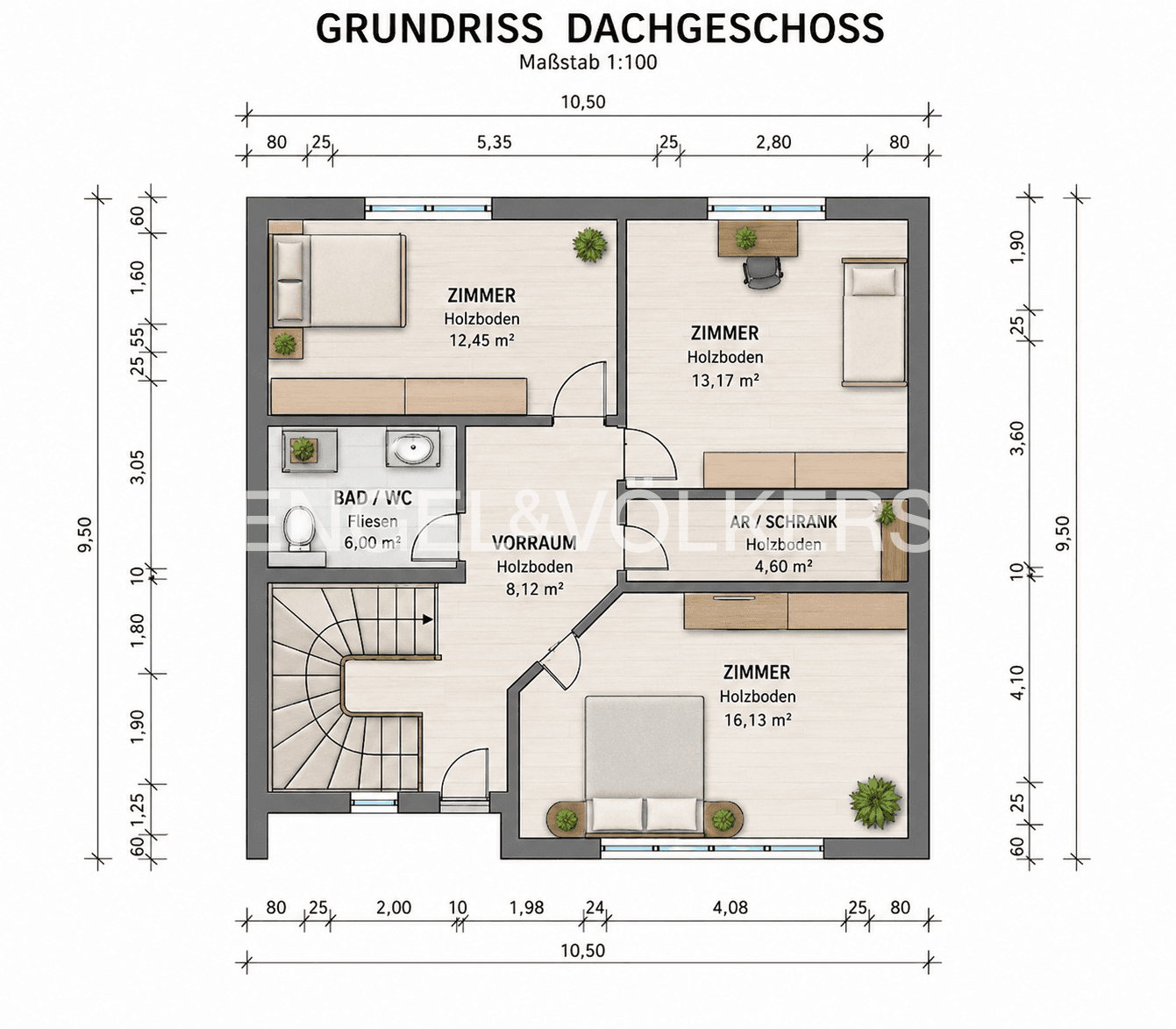 Grundriss des Dachgeschosses mit drei Zimmern, Bad und Vorraum.
