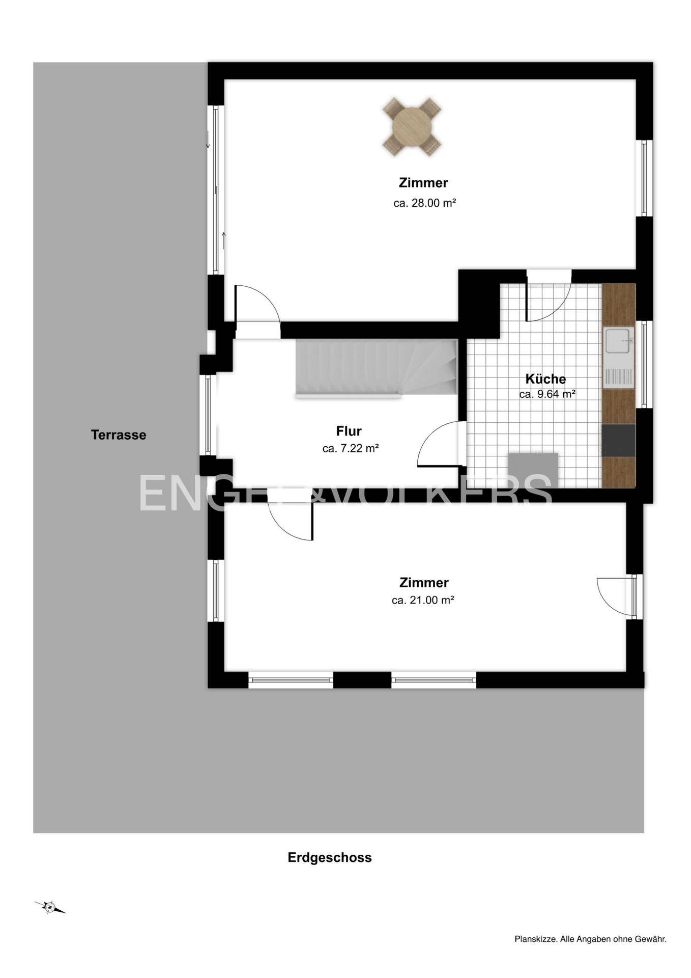 Grundriss des Erdgeschosses mit Küche, zwei Zimmern und Zugang zur Terrasse.