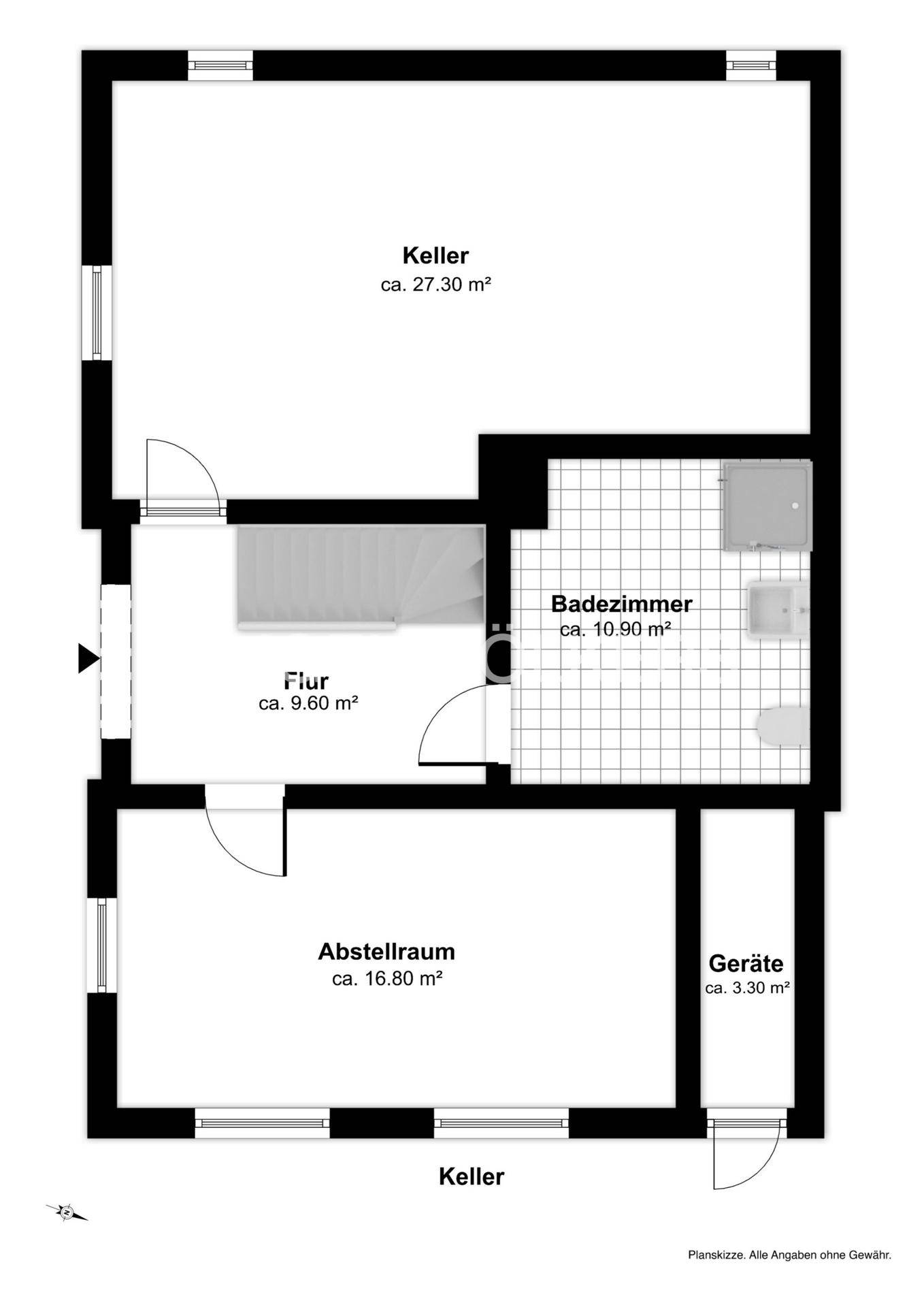 Grundriss des Kellers mit Badezimmer, Abstellraum und Geräteraum.