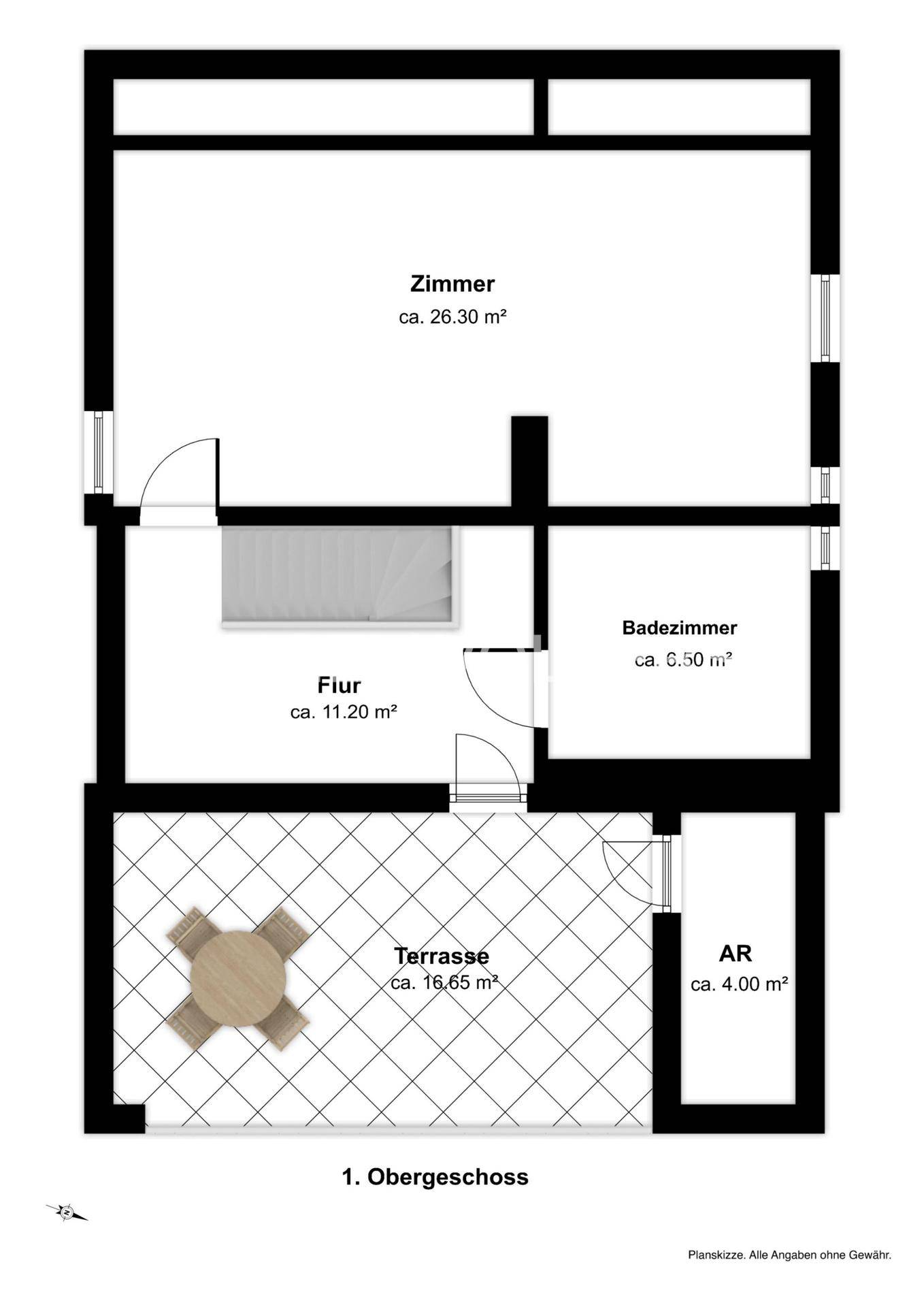 Grundriss des ersten Obergeschosses mit Badezimmer, Zimmer und großer Terrasse.