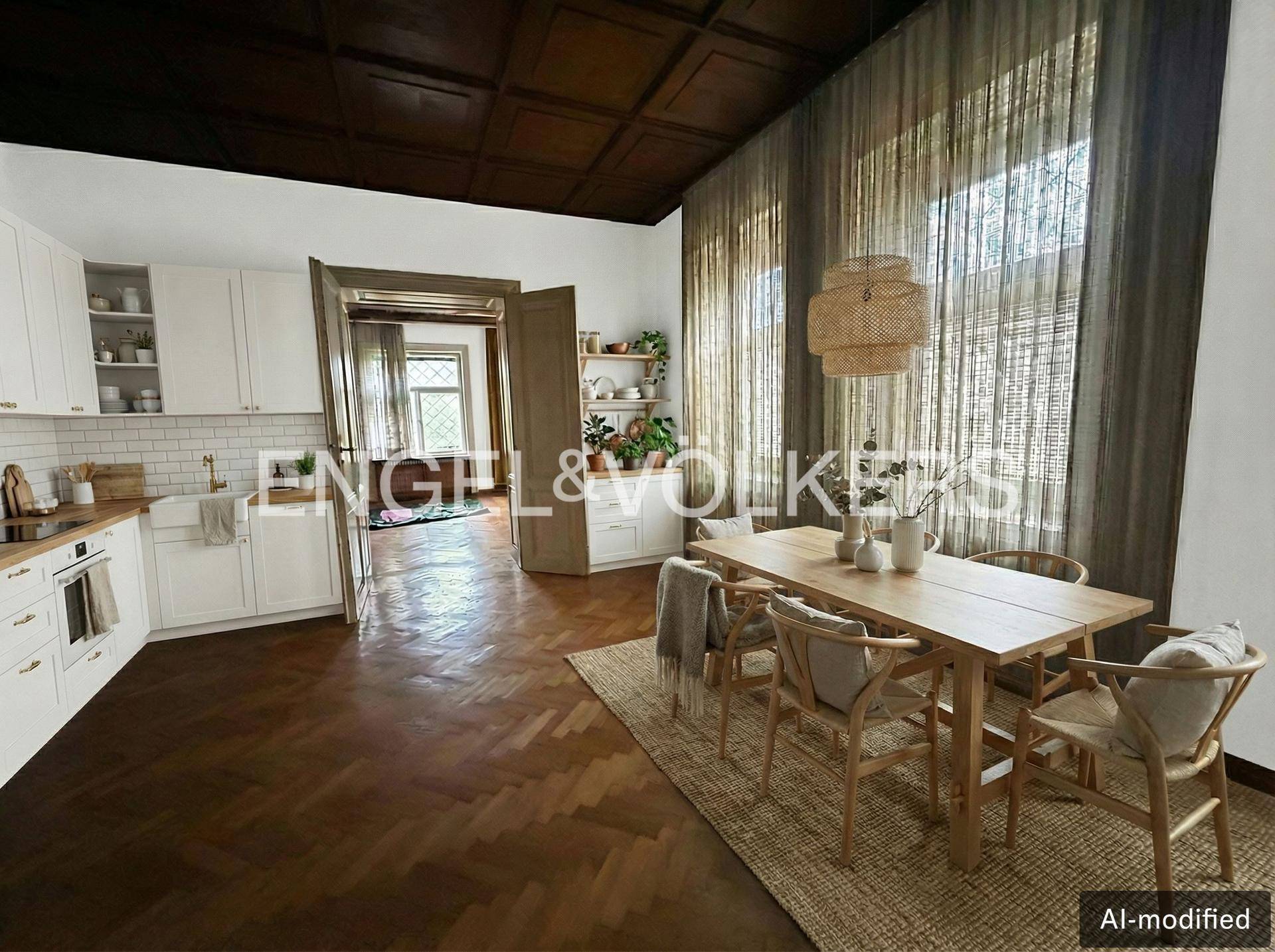 Offener Wohn- und Essbereich mit moderner Küche, Holzboden und dekorativer Decke.