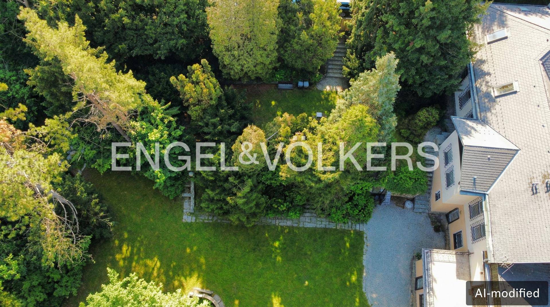 Vogelperspektive des weitläufigen Gartens mit altem Baumbestand und gepflegten Grünflächen.