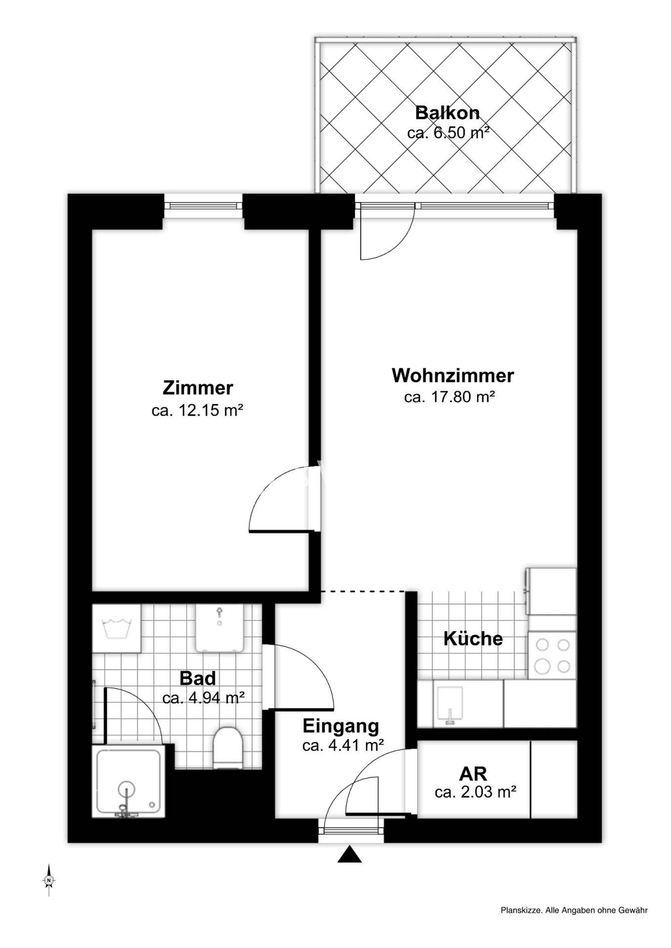 Grundriss einer Wohnung mit einem Zimmer, Wohnzimmer, Küche, Bad und Balkon.