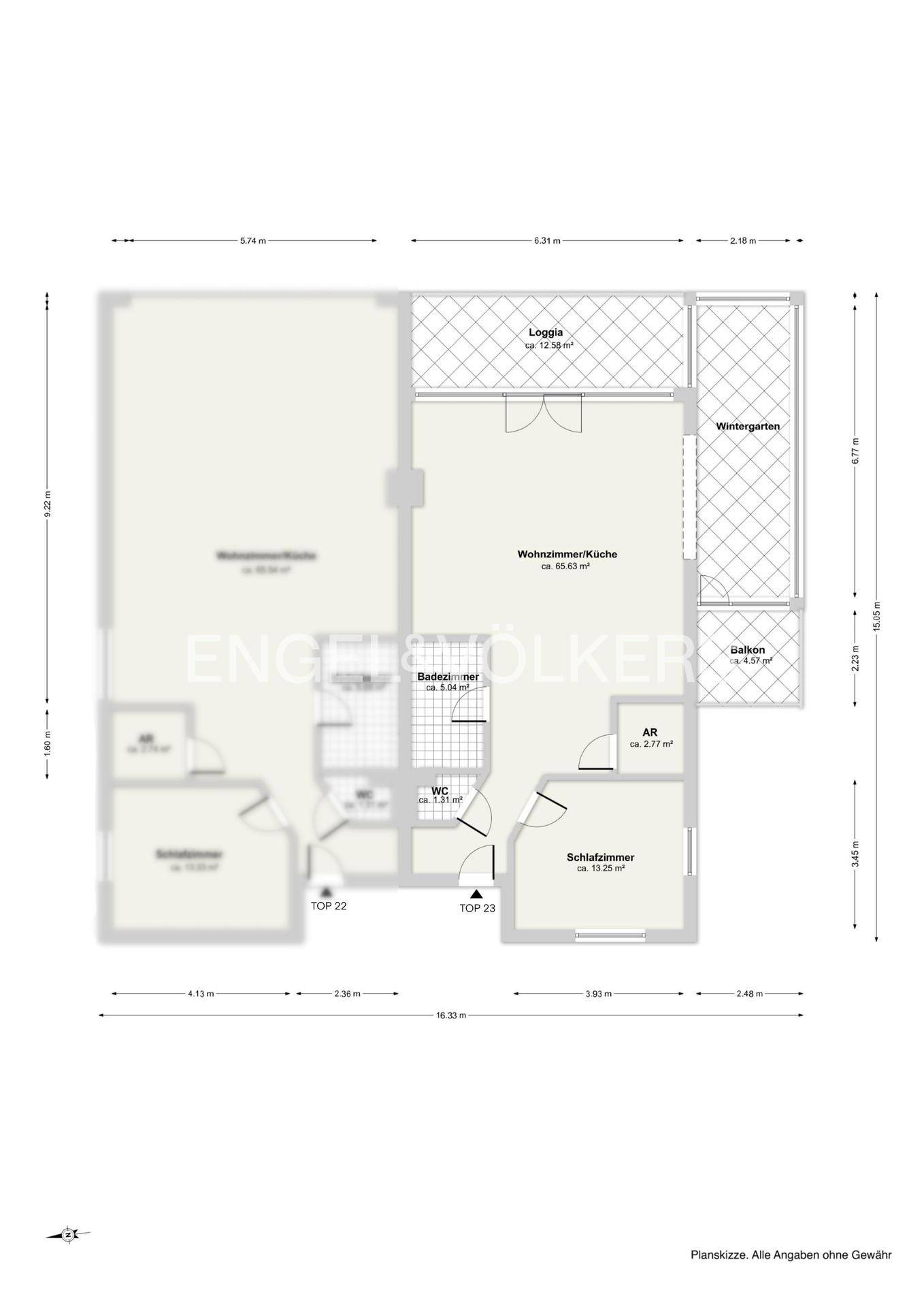 Detaillierter Grundriss der Wohnung mit Loggia, Wintergarten und zwei Schlafzimmern.