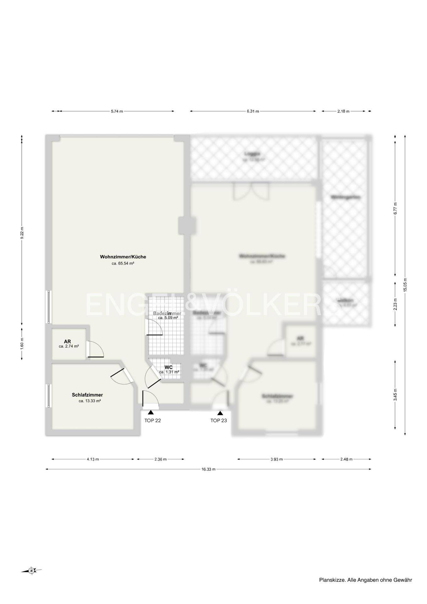 Grundriss der Wohnung mit Wohnzimmer/Küche, Schlafzimmern und Loggia.