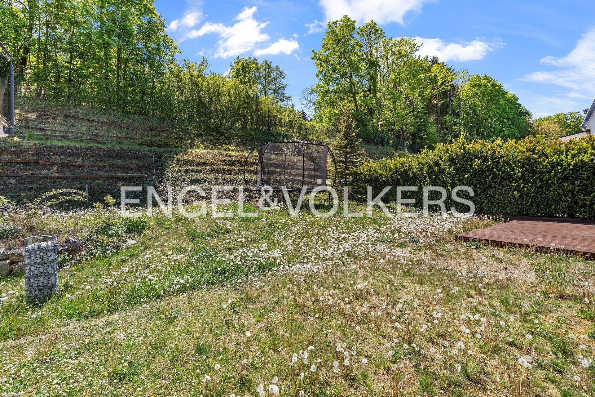 Weitläufiger Gartenbereich mit Rasenfläche, Trampolin und einer kleinen Holzterrasse.