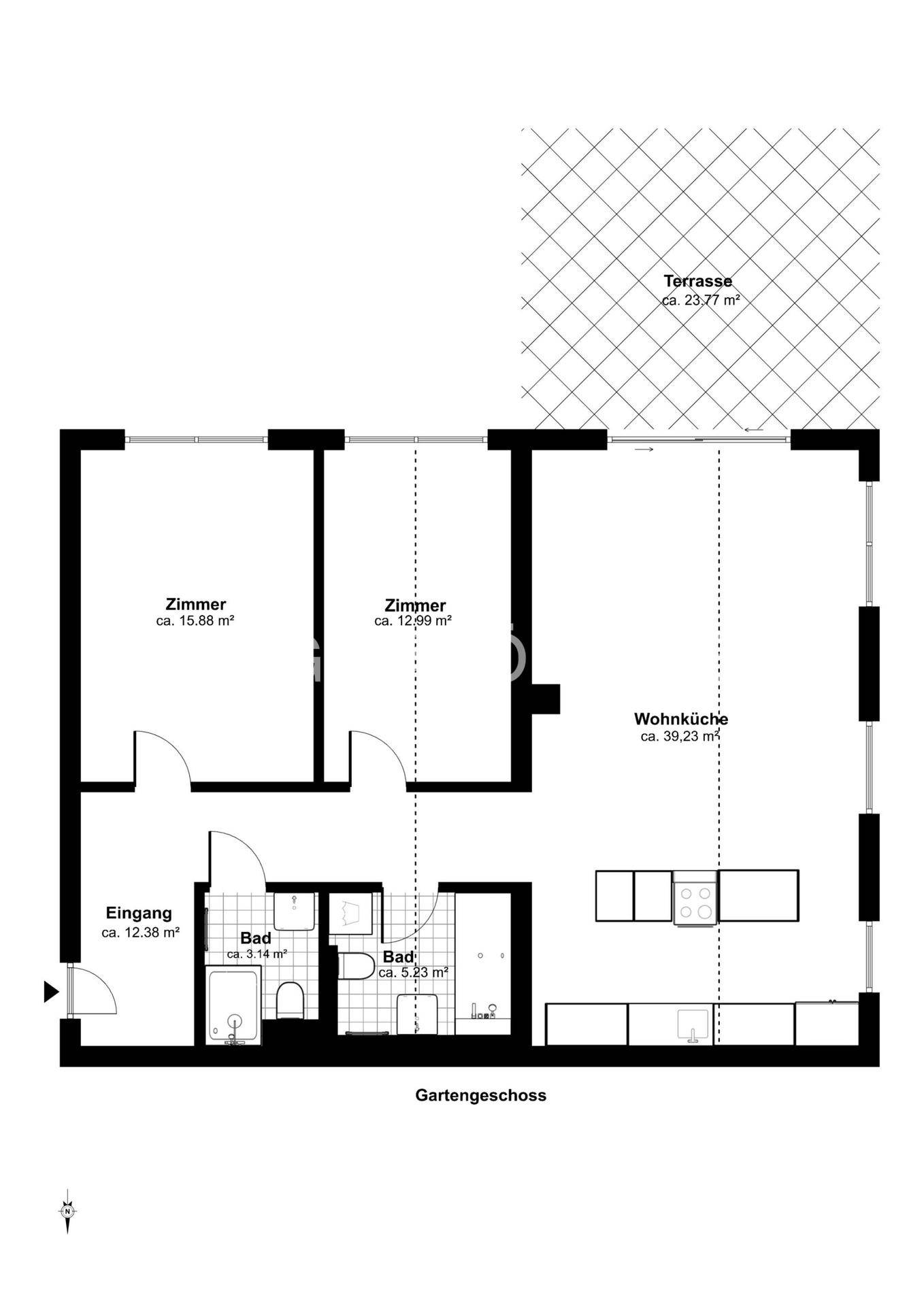 Grundriss des Gartengeschosses mit Wohnküche, zwei Zimmern, zwei Bädern und Terrasse.