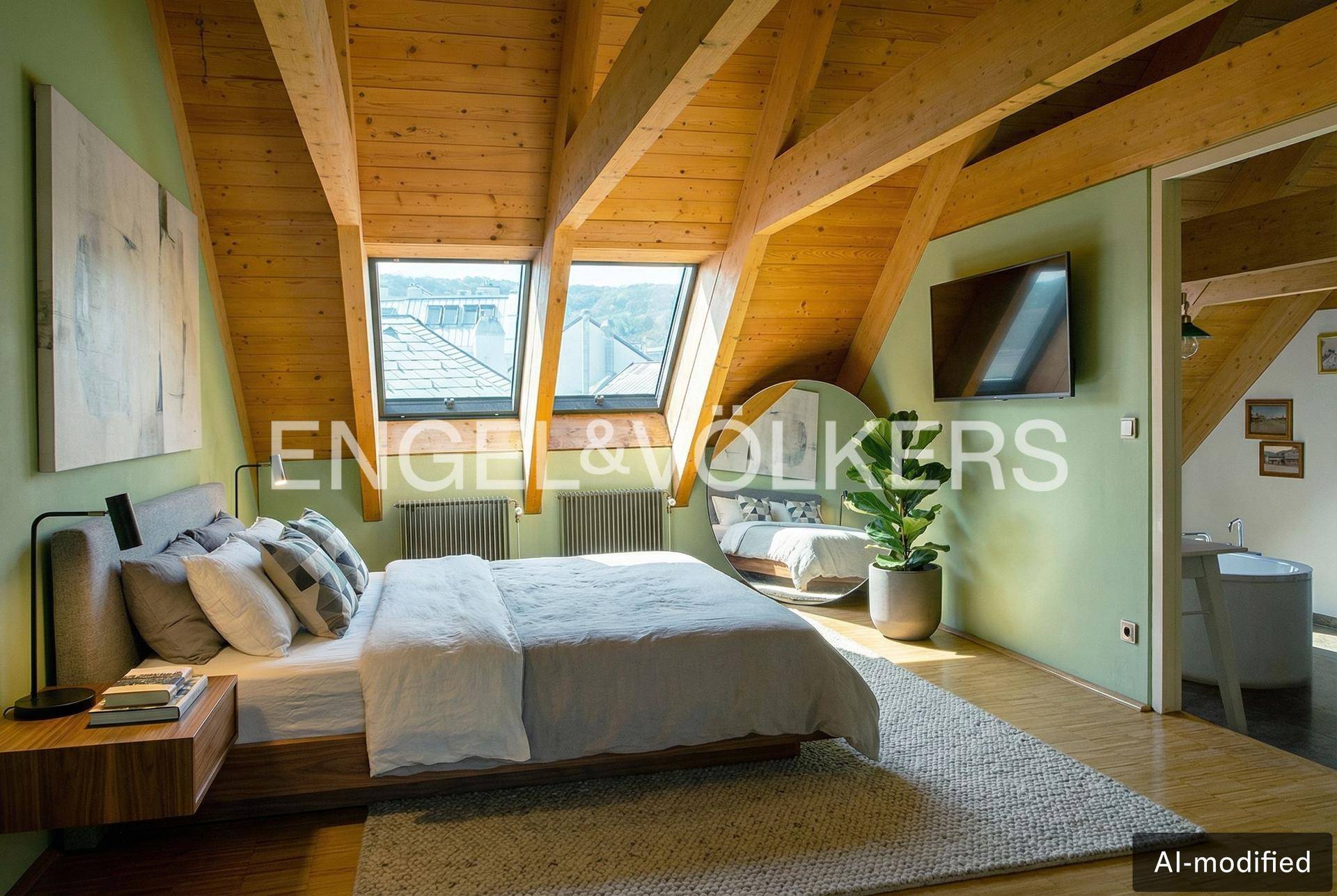 Schlafzimmer im Dachgeschoss mit Holzbalken, Dachfenstern und integriertem Badbereich.