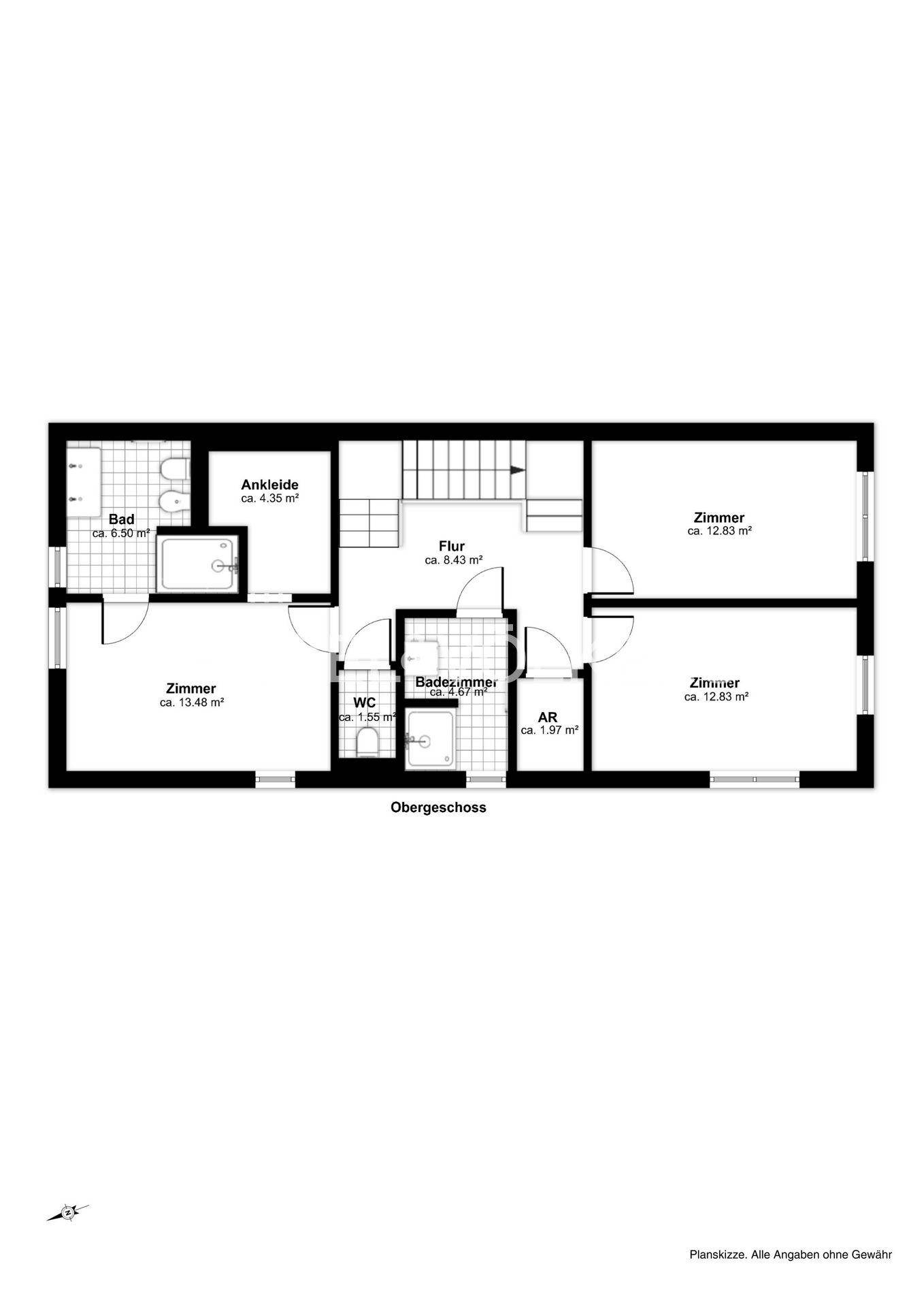 Grundriss des Obergeschosses mit Schlafzimmern, Bädern und Ankleidezimmer.