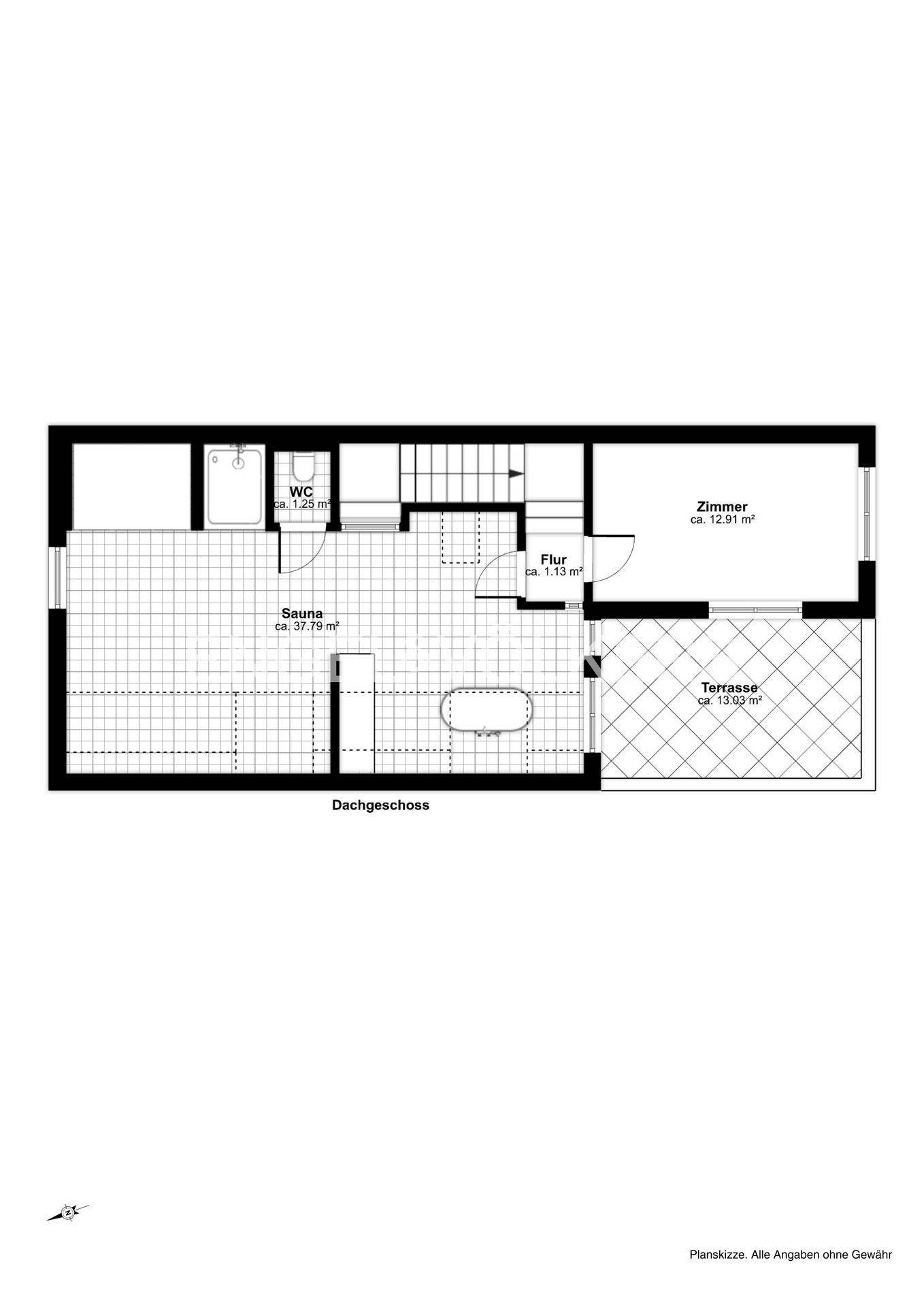 Grundriss des Dachgeschosses mit Sauna, Badewanne, WC und großer Terrasse.