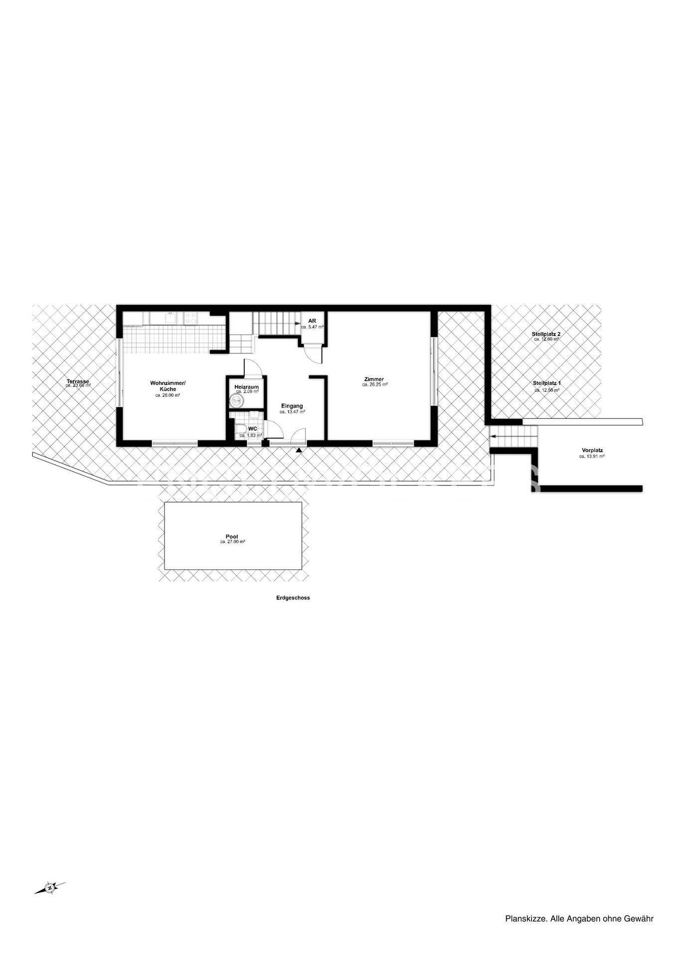 Grundriss des Erdgeschosses mit Wohnzimmer, Küche, Eingangsbereich und Pool.