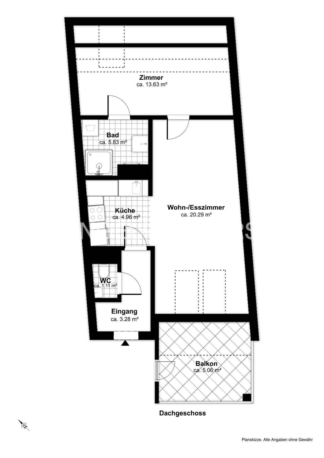 Grundriss des Dachgeschosses mit Wohn-/Esszimmer, Küche, Bad, WC und Balkon.