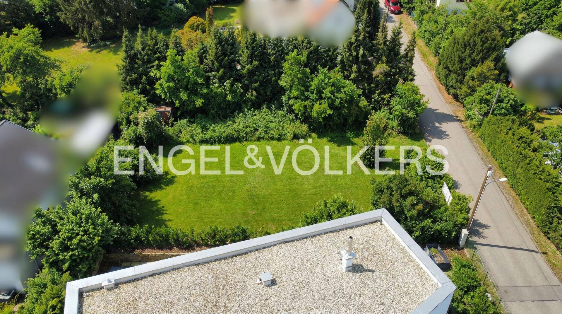 Luftaufnahme eines weitläufigen Gartengrundstücks, umgeben von Bäumen und Hecken, mit angrenzender Straße.