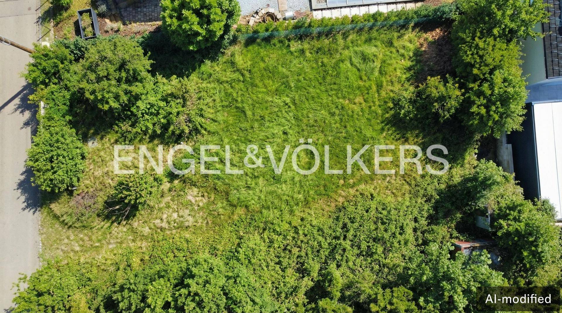 Luftaufnahme eines großen, naturbelassenen Gartengrundstücks, umgeben von dichtem Baumbestand und Sträuchern.