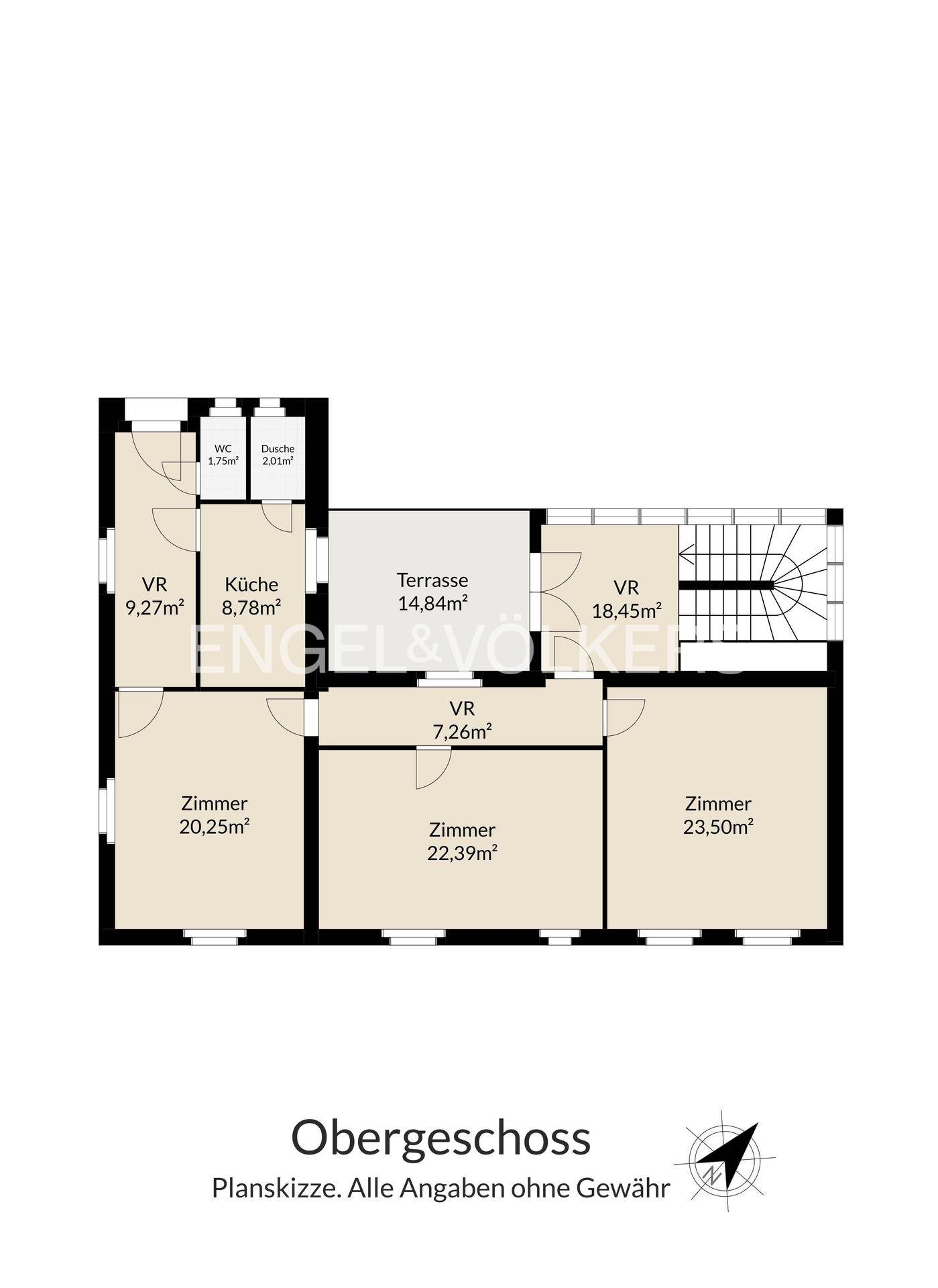 Grundriss des Obergeschosses mit Küche, Bad, WC, Dusche, Terrasse und weiteren Zimmern.