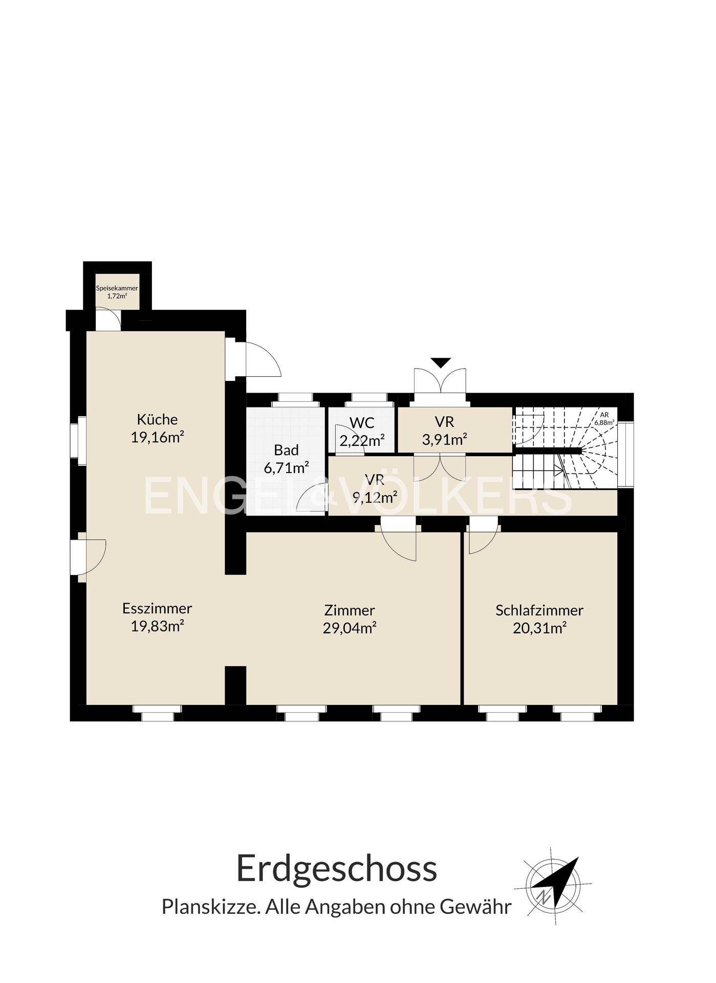 Grundriss des Erdgeschosses mit Küche, Esszimmer, Bad, WC und Schlafzimmern.
