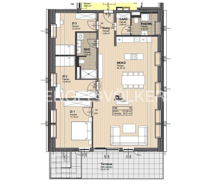 Grundriss der Wohnung mit drei Zimmern, offener Küche und großer Terrasse.