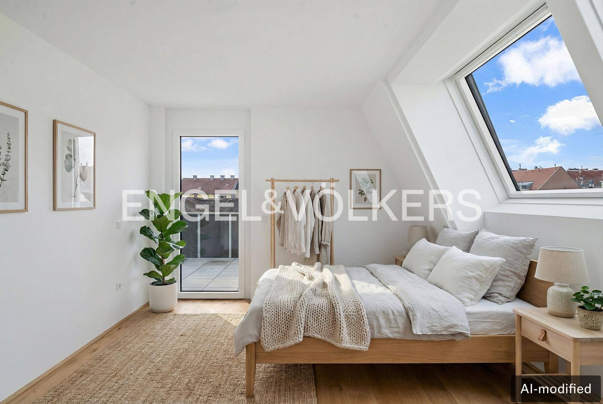 Virtuell möbliertes Schlafzimmer mit Holzboden, Dachfenstern und Terrassenzugang.