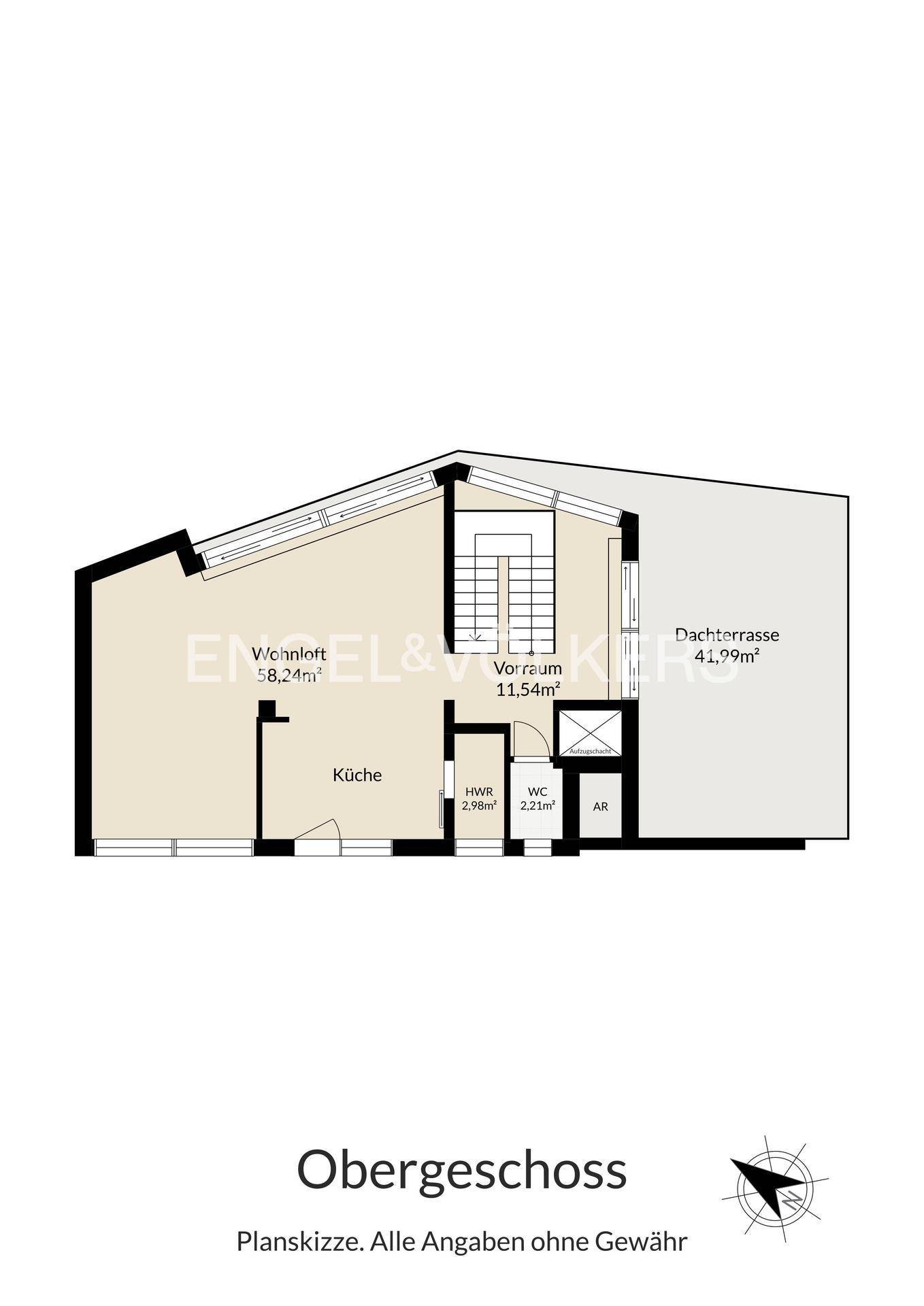 Grundriss des Obergeschosses mit Wohnloft, Küche und großer Dachterrasse.