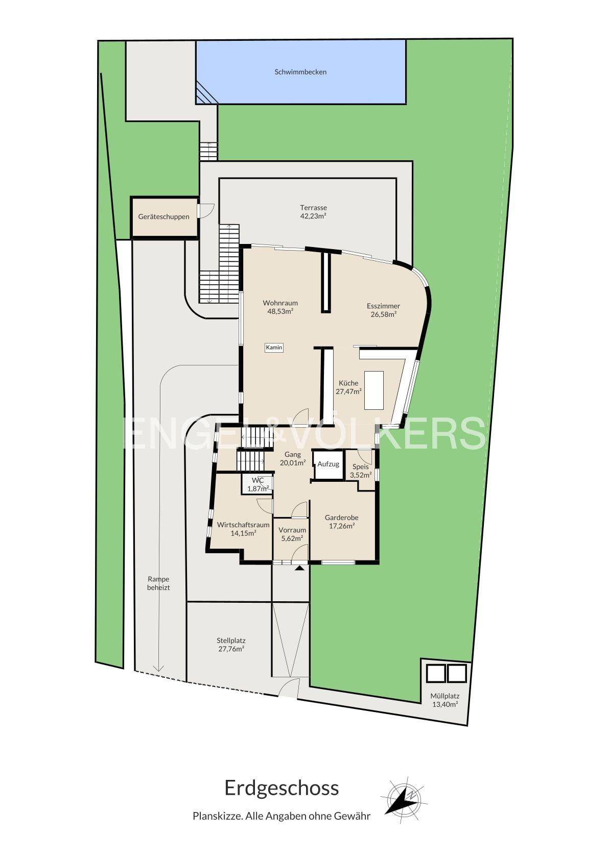 Grundriss des Erdgeschosses mit Wohnbereich, Küche, großer Terrasse und Swimmingpool.