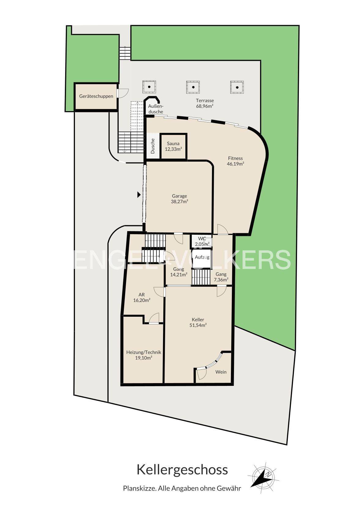 Grundriss des Kellergeschosses mit Sauna, Fitnessbereich, Garage und Weinkeller.