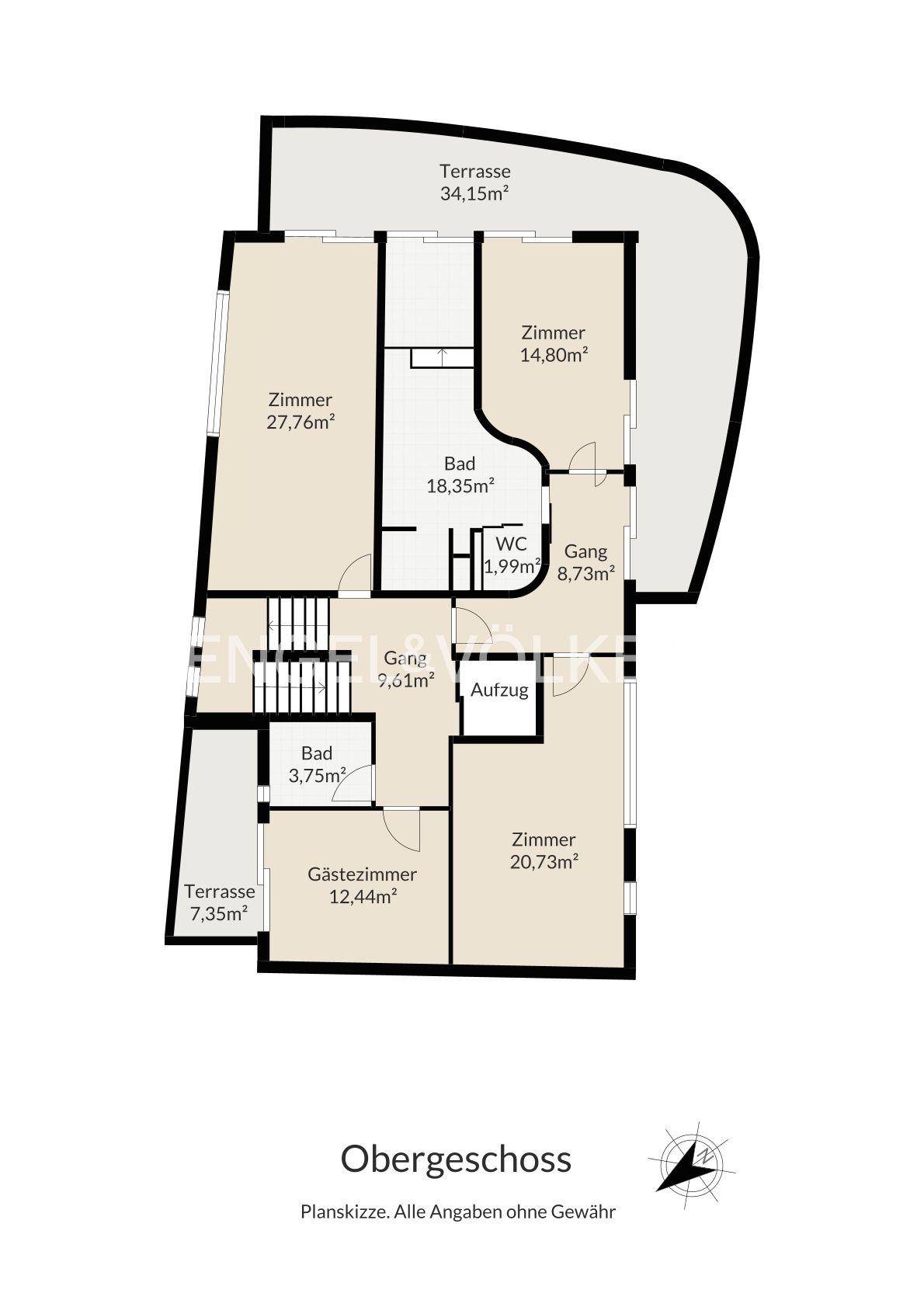 Grundriss des Obergeschosses mit mehreren Zimmern, Bädern und zwei Terrassen.