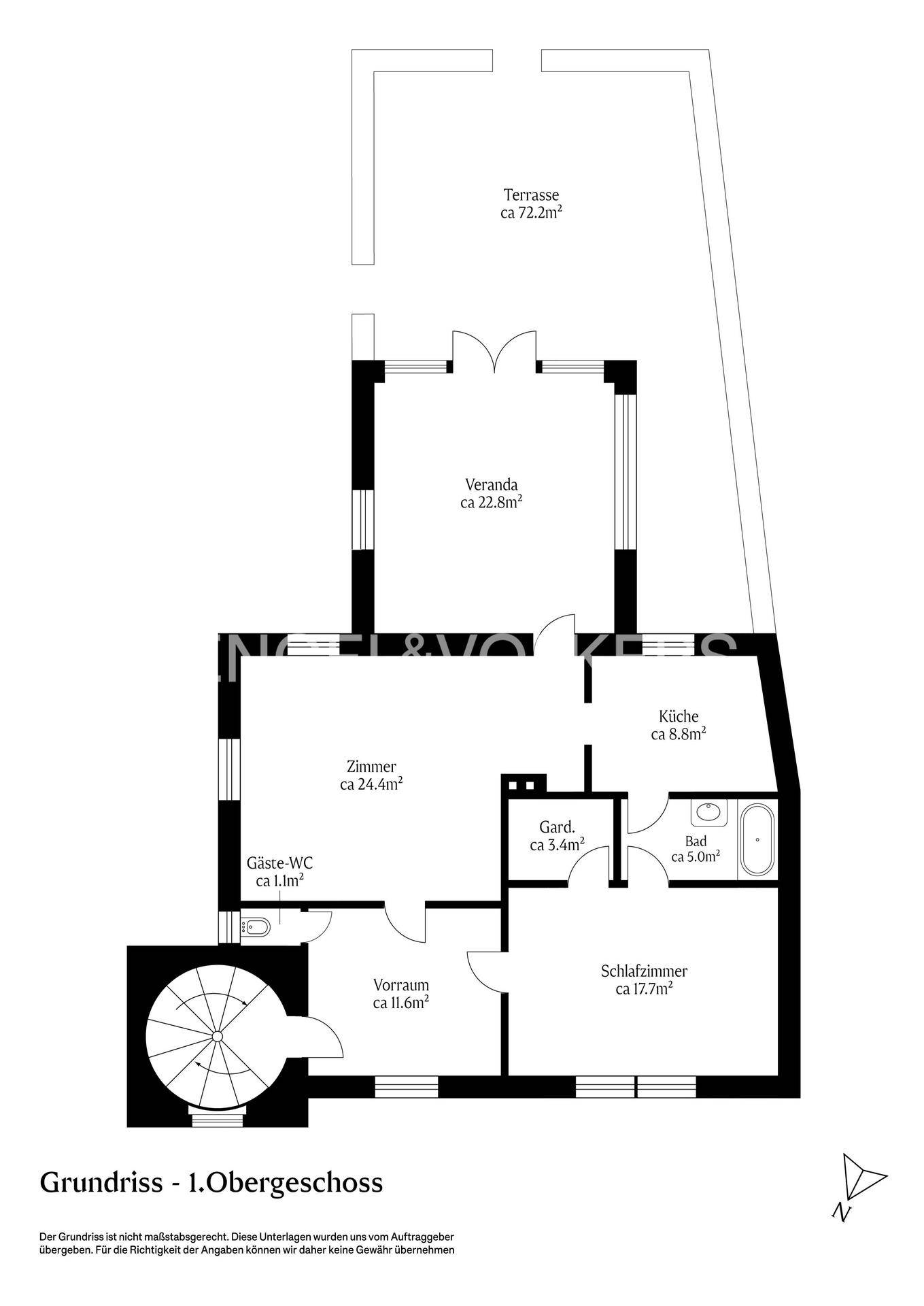 Grundriss des ersten Obergeschosses mit Zimmer, Veranda, Küche, Schlafzimmer und großer Terrasse.