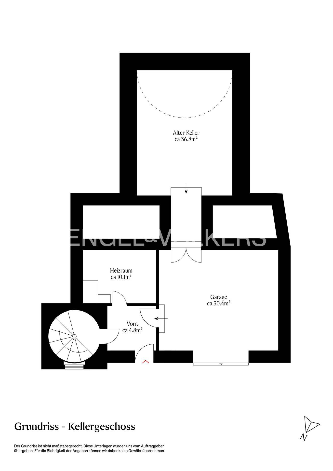 Grundriss des Kellergeschosses mit altem Keller, Heizraum, Garage und Wendeltreppe.