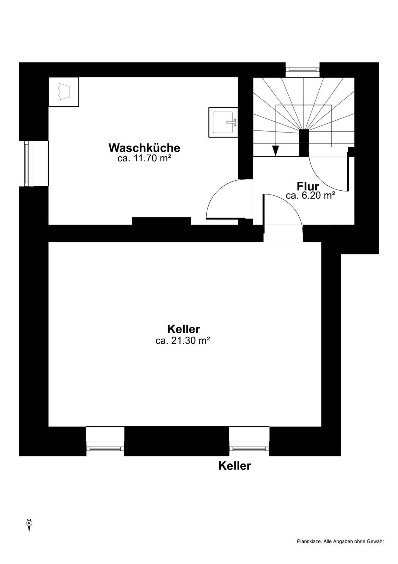 Grundriss des Kellers mit Waschküche und großem Kellerraum.