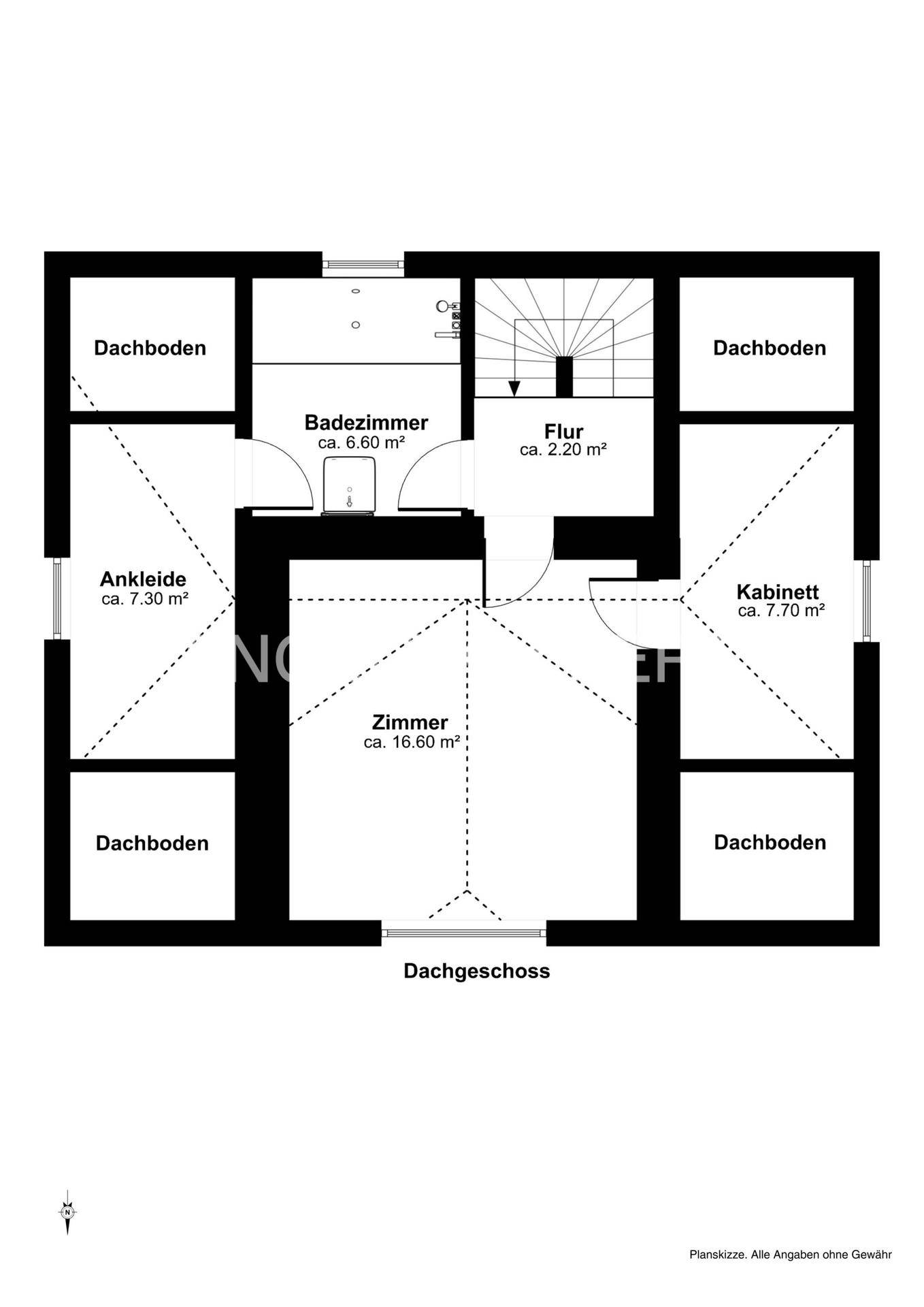 Grundriss des Dachgeschosses mit Badezimmer, Flur, Zimmer und Dachbodenflächen.