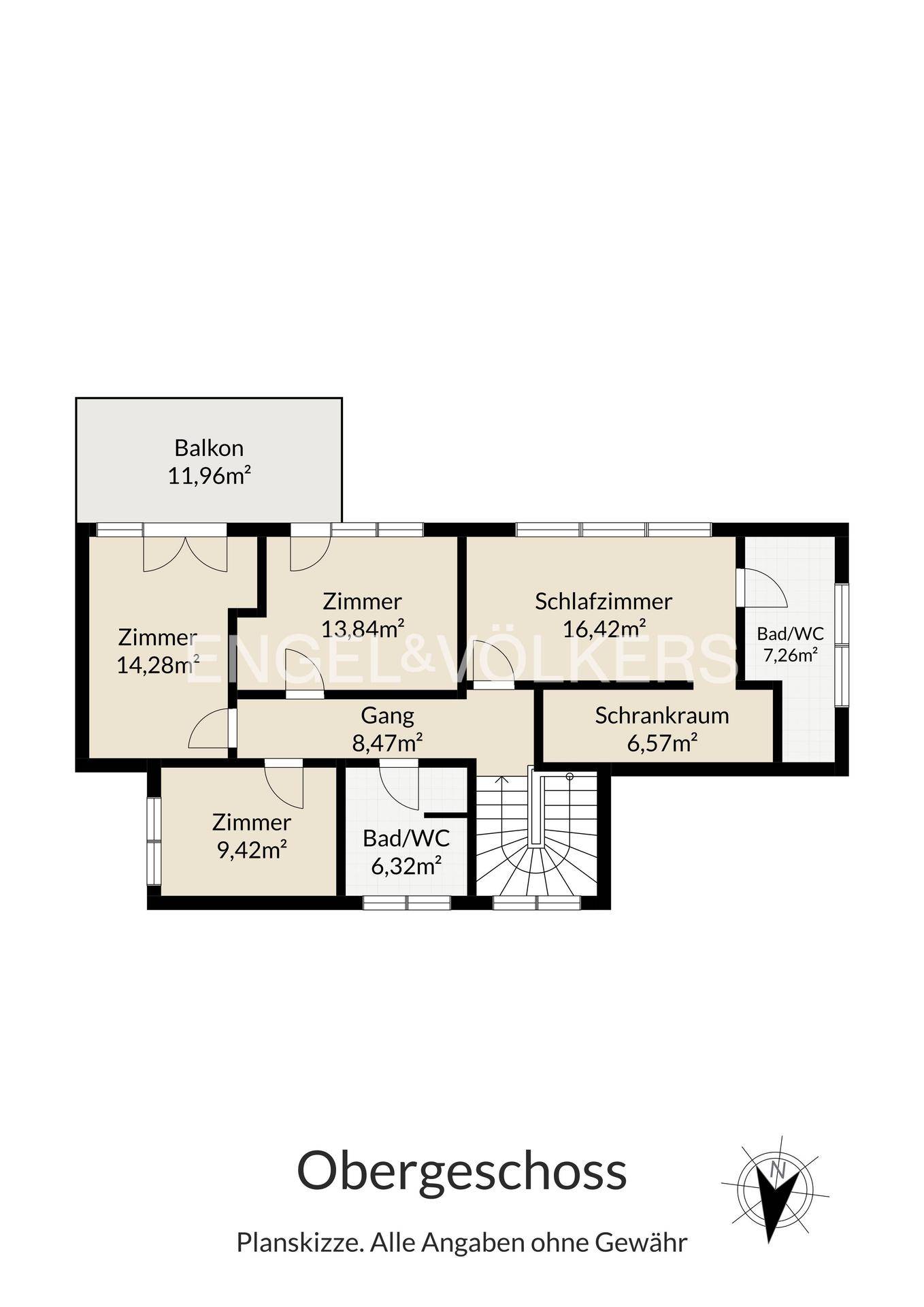 Grundriss des Obergeschosses mit mehreren Zimmern, zwei Bädern und einem Balkon.