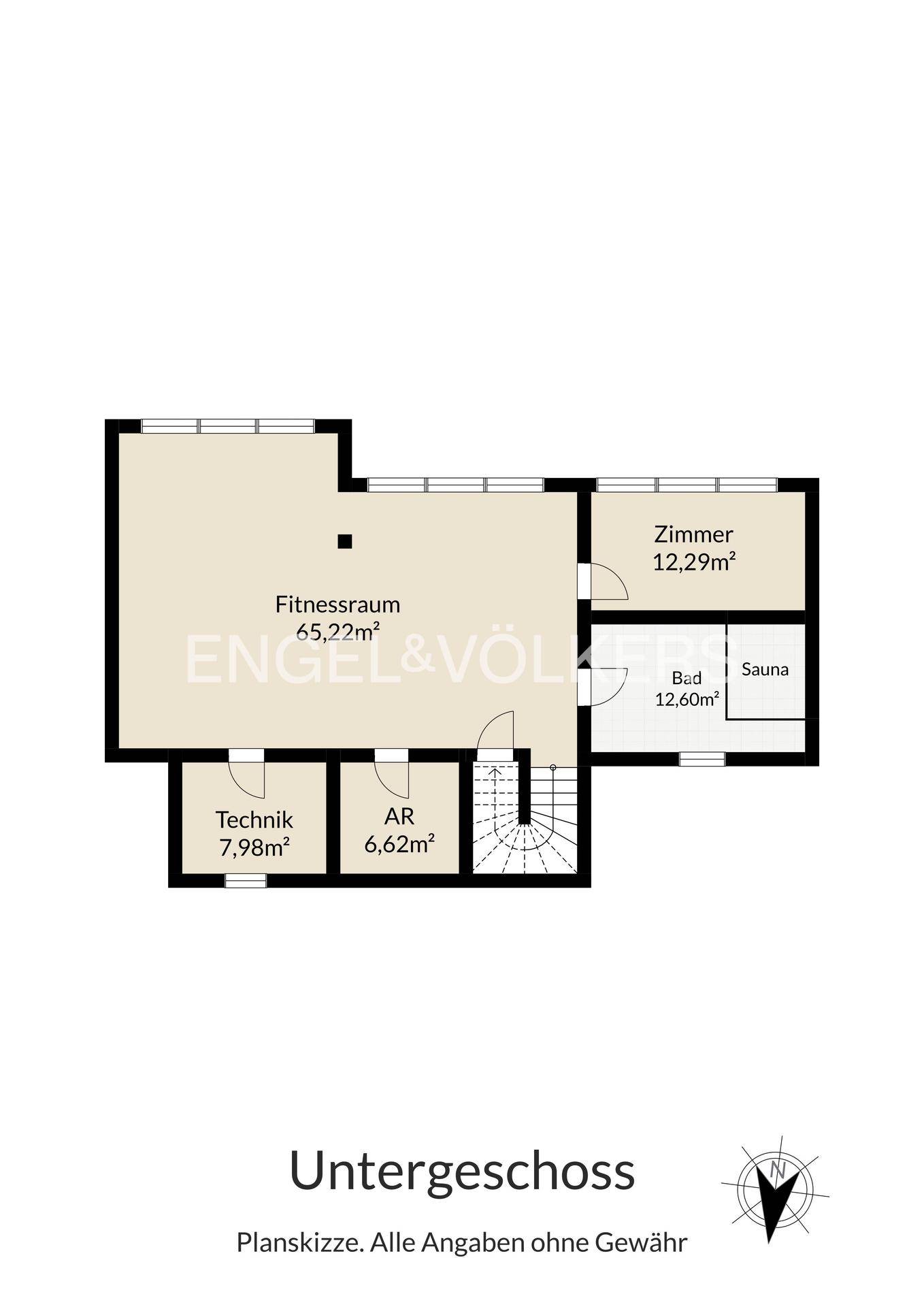 Grundriss des Untergeschosses mit Fitnessraum, weiterem Zimmer, Bad und Sauna.