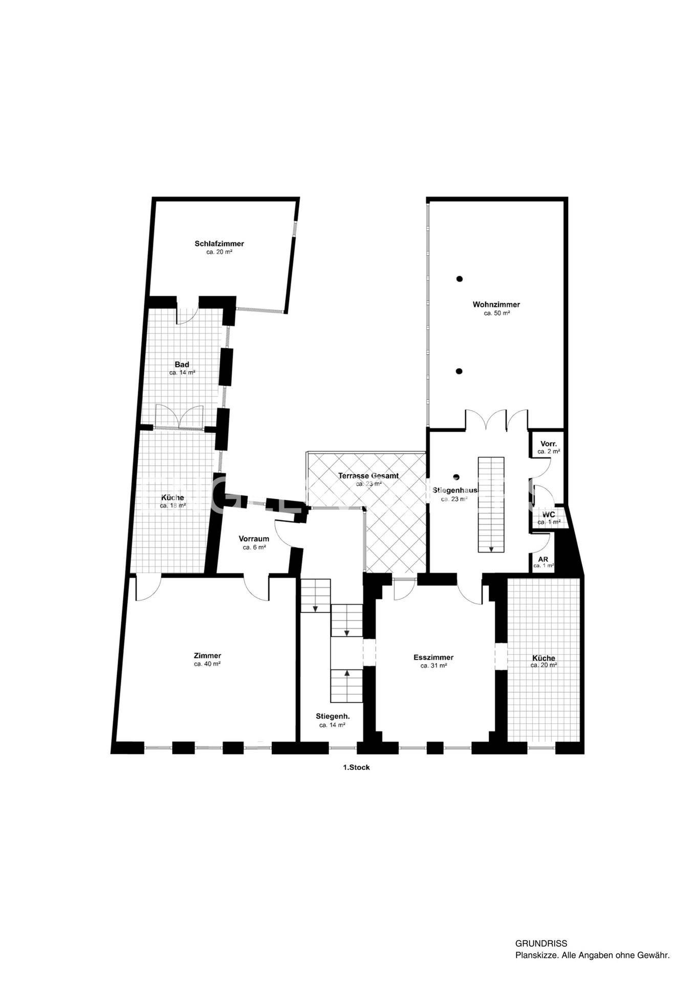 Grundriss des ersten Stocks mit Schlafzimmer, Bad, Küche, Wohnzimmer und Terrasse.