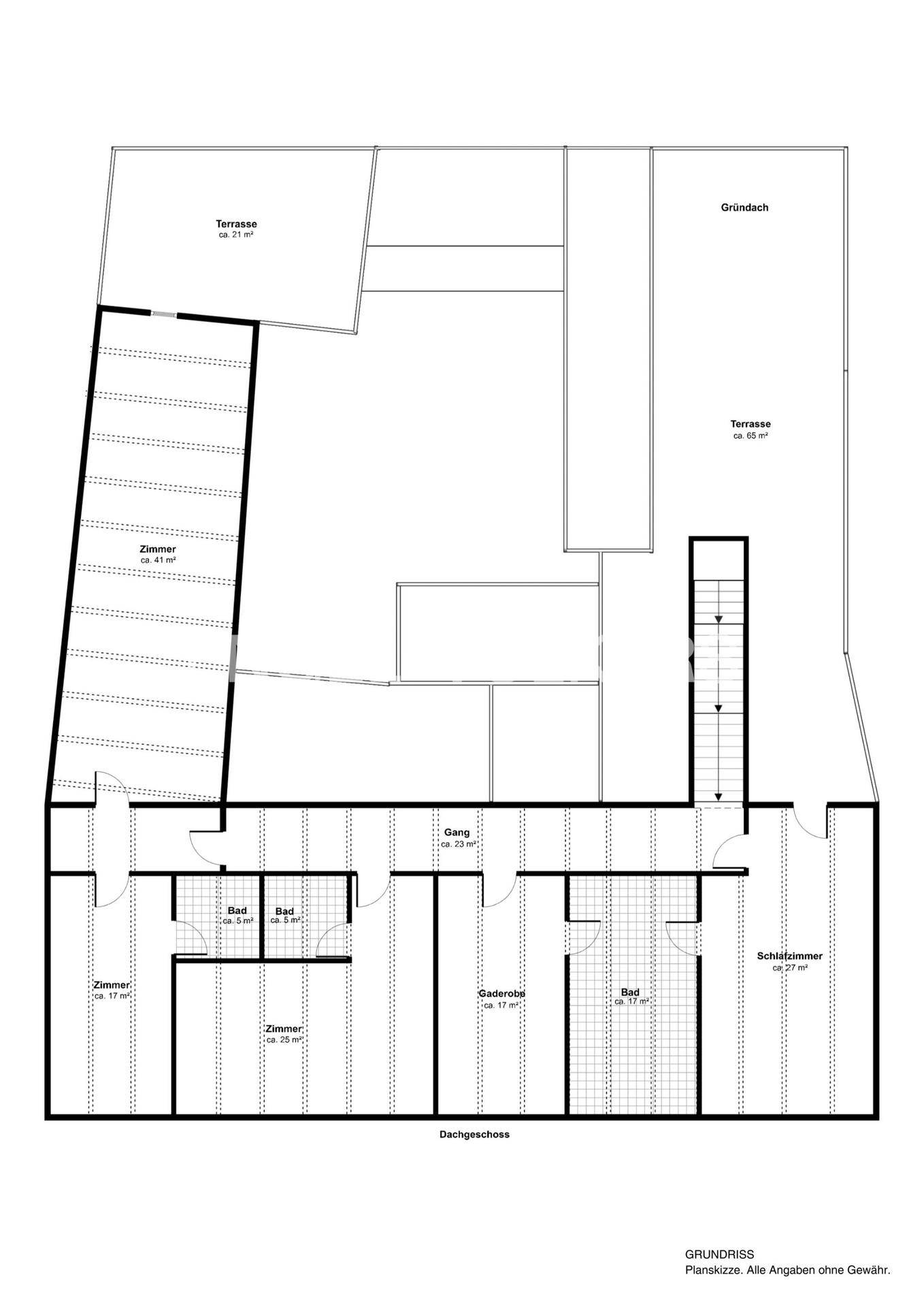 Grundriss des Dachgeschosses mit Schlafzimmern, Bädern, Garderobe und Terrassen.