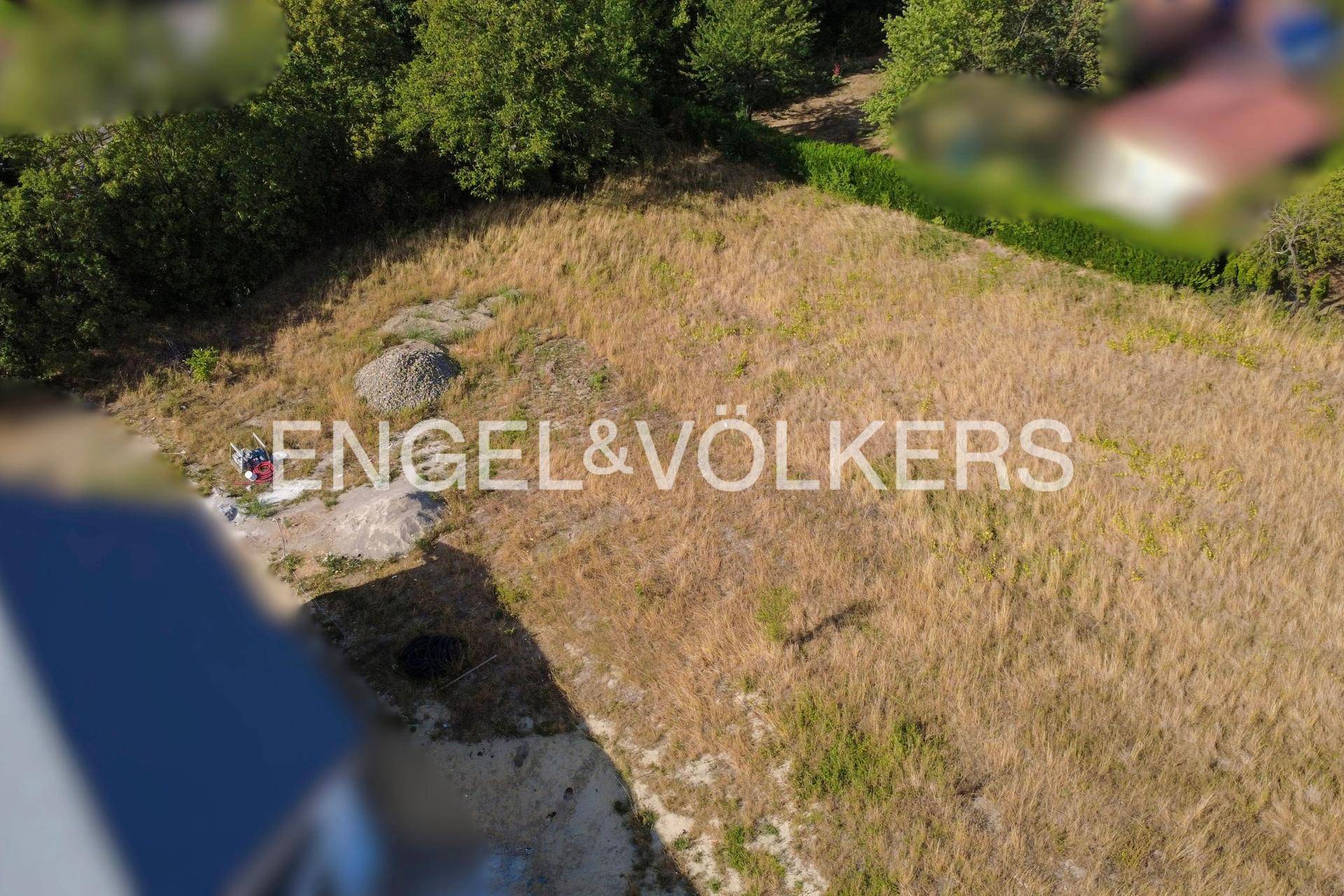 Trockenes Wiesengrundstück mit Baustellenmaterial, umgeben von Bäumen und einer Hecke.