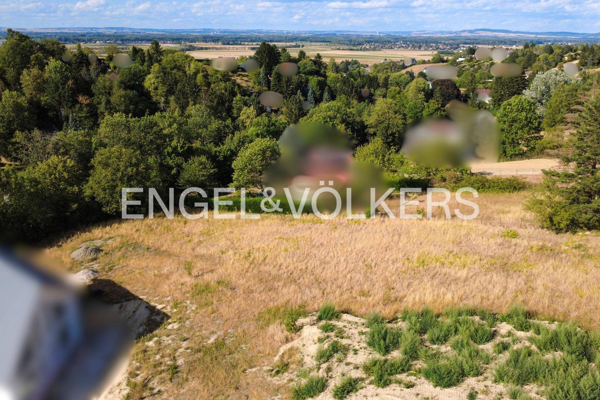 Weitläufiges Feld mit trockenem Gras, umgeben von Bäumen und einer weiten Landschaft im Hintergrund.