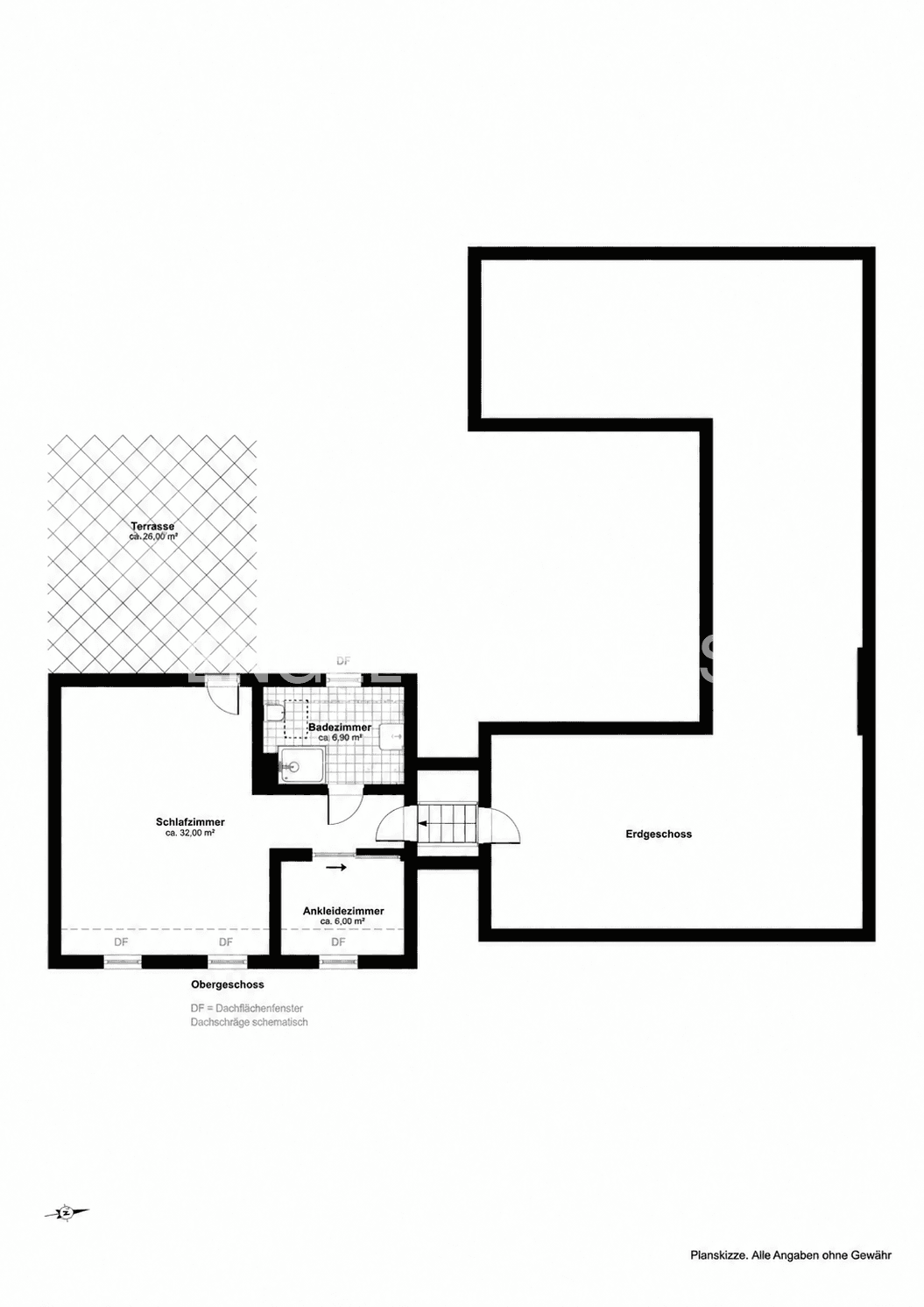 Grundriss des Obergeschosses mit Schlafzimmer, Ankleidezimmer und Badezimmer.