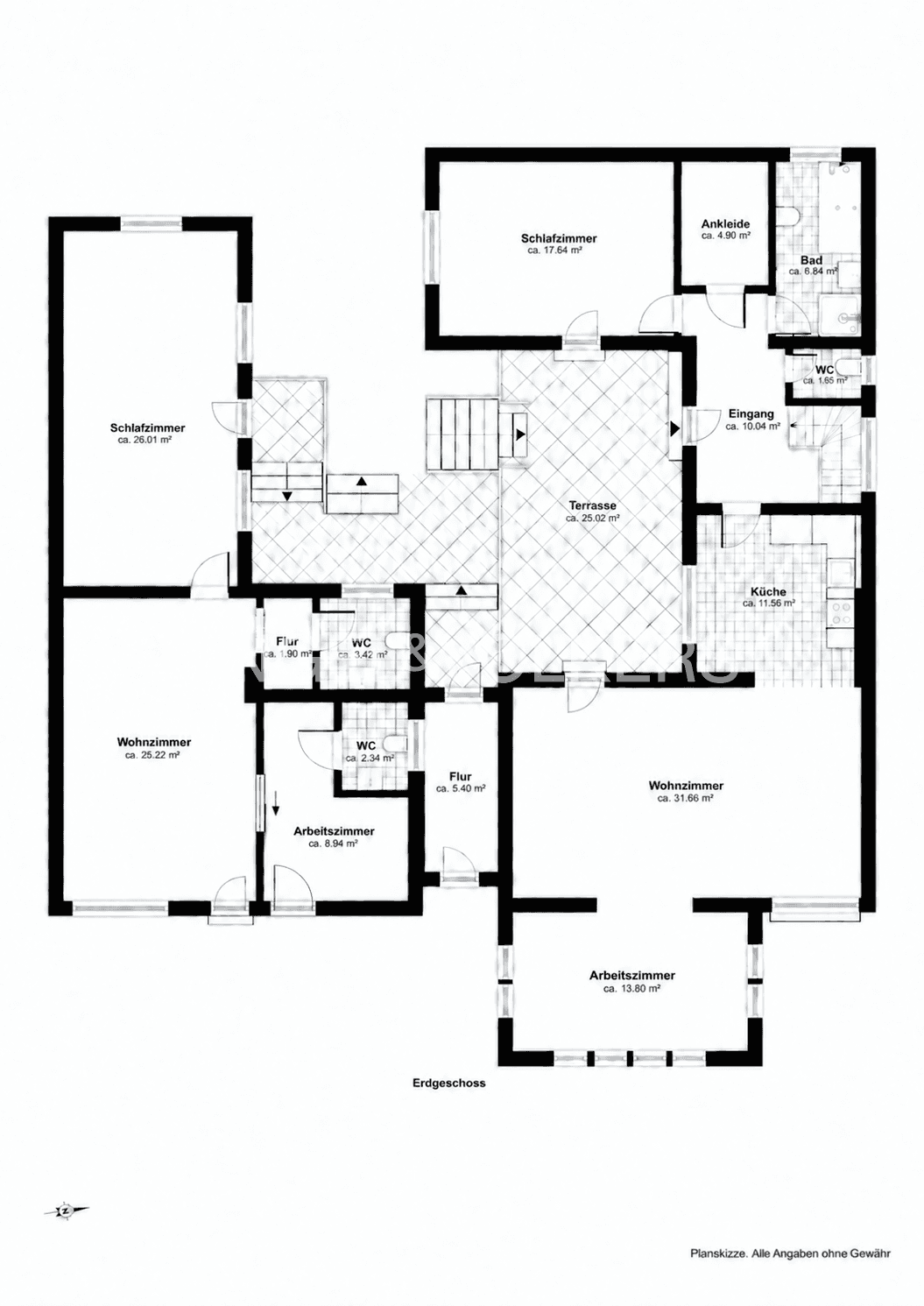 Grundriss des Erdgeschosses mit Wohnzimmern, Schlafzimmern, Arbeitszimmer und Terrasse.
