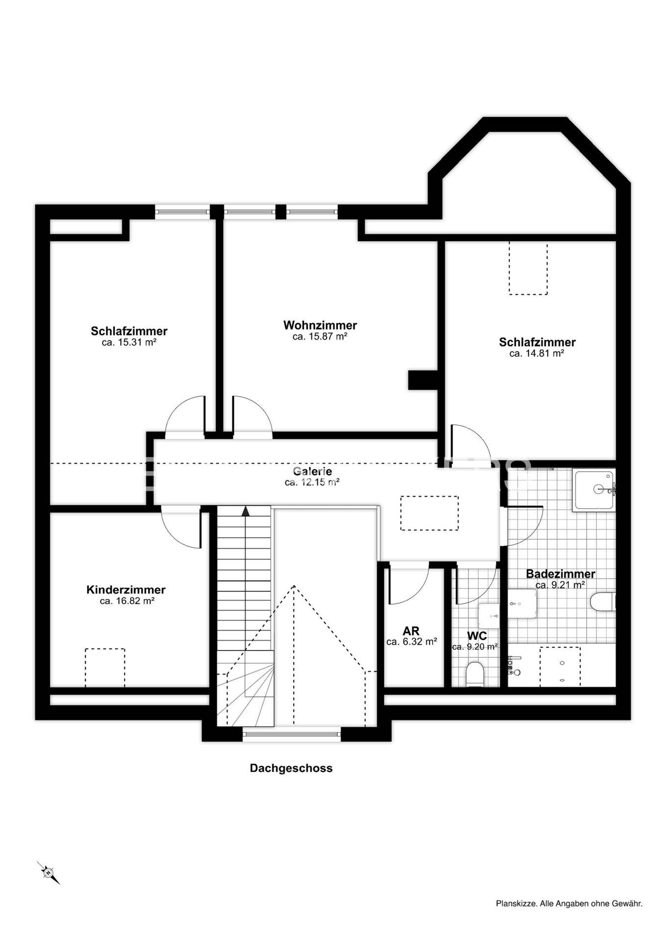 Grundriss des Dachgeschosses mit zwei Schlafzimmern, Wohnzimmer, Kinderzimmer, Galerie, Bad und WC.
