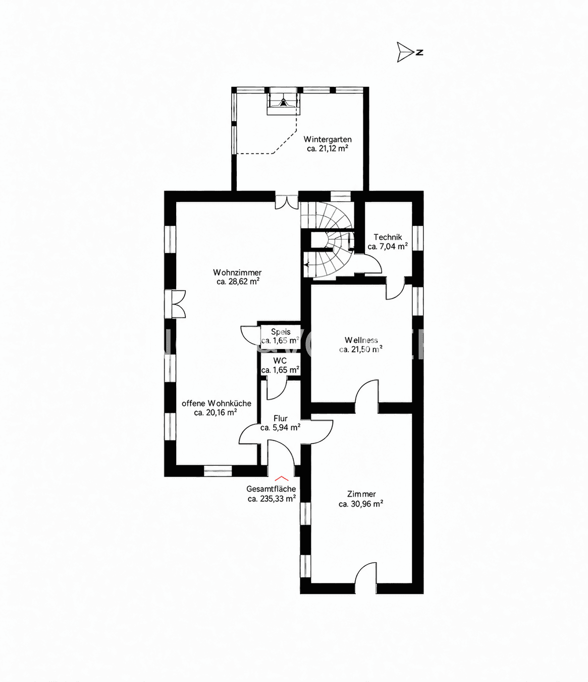 Grundriss des Erdgeschosses mit offener Wohnküche, Wohnzimmer, Wellnessbereich und Wintergarten.