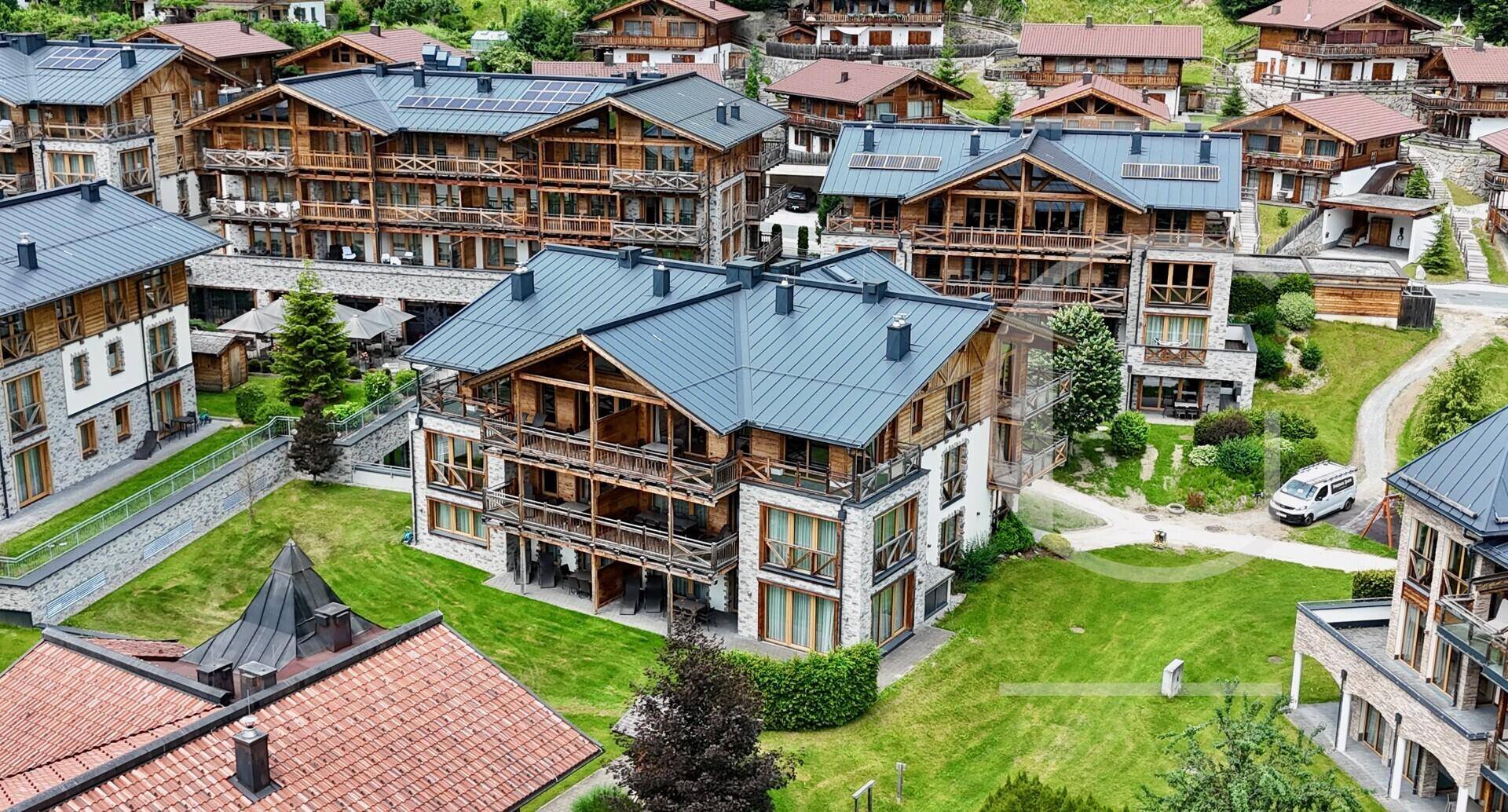 Dorfansicht mit traditionellen Chalet-Häusern, umgeben von grünen Wiesen und majestätischen Bergen im Hintergrund.