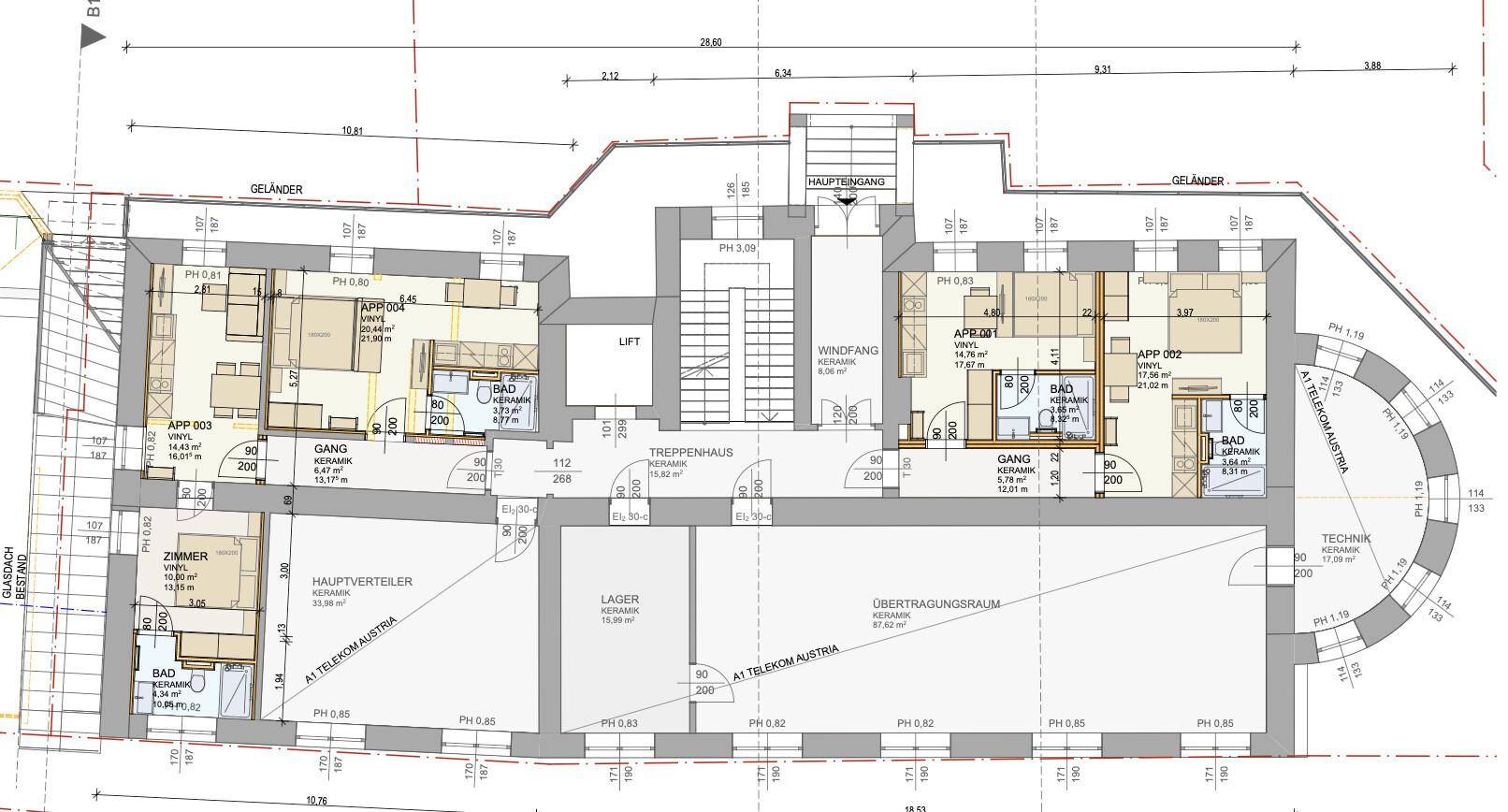 Grundriss einer Wohnetage mit mehreren Apartments, Bädern und Schlafzimmern.