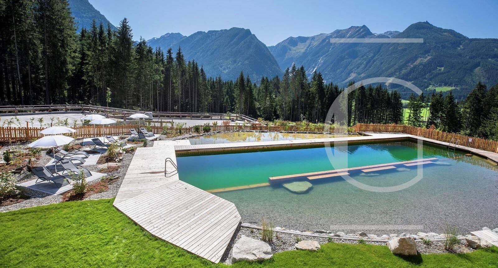 Natürlicher Schwimmteich mit Holzstegen und Liegebereich, umgeben von Bergen und Wald.