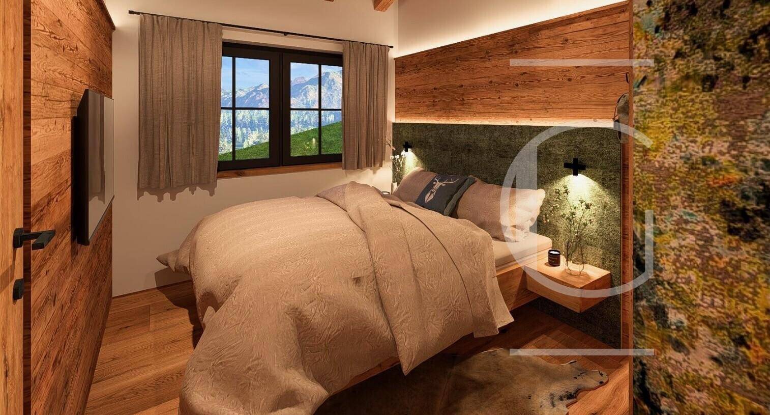 Gemütliches Schlafzimmer mit Holzwänden, bequemen Bett und Fenster mit Blick auf die Berglandschaft.