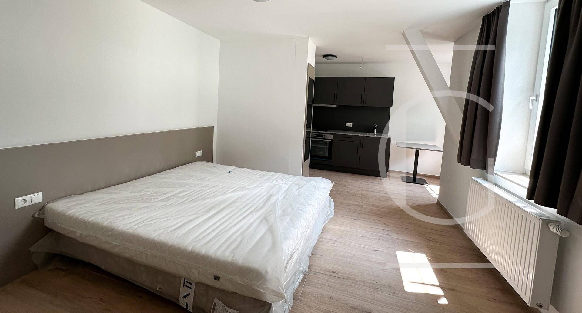 Kombinierter Wohn- und Schlafbereich mit Bett, kleiner Küchenzeile und Fenster.