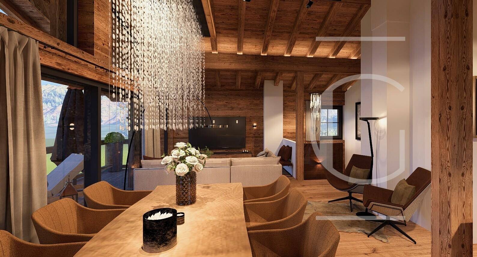 Geräumiger Wohn- und Essbereich mit Holzelementen, elegantem Esstisch und Blick auf die Berge.