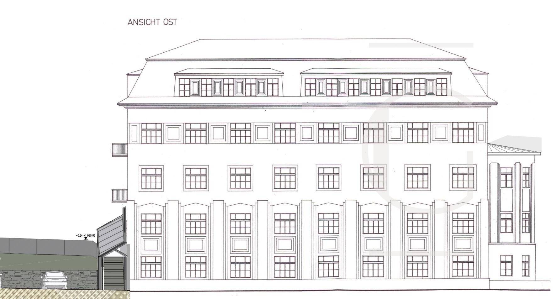 Architektonische Ostansicht des Gebäudes mit mehreren Etagen und Dachgauben.