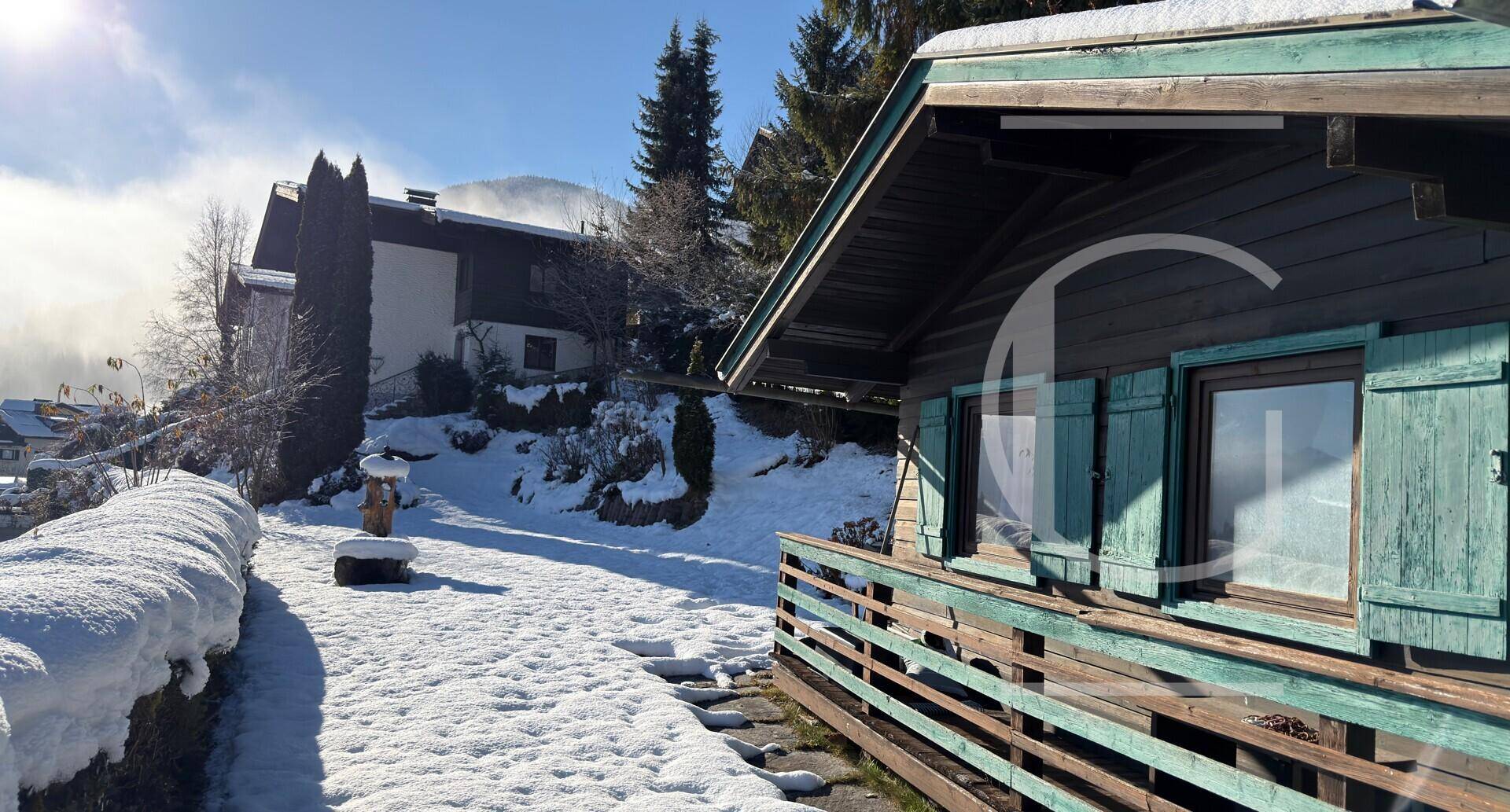 Charmantes Holzhaus mit grünen Fensterläden und verschneitem Gartenweg an einem sonnigen Wintertag.
